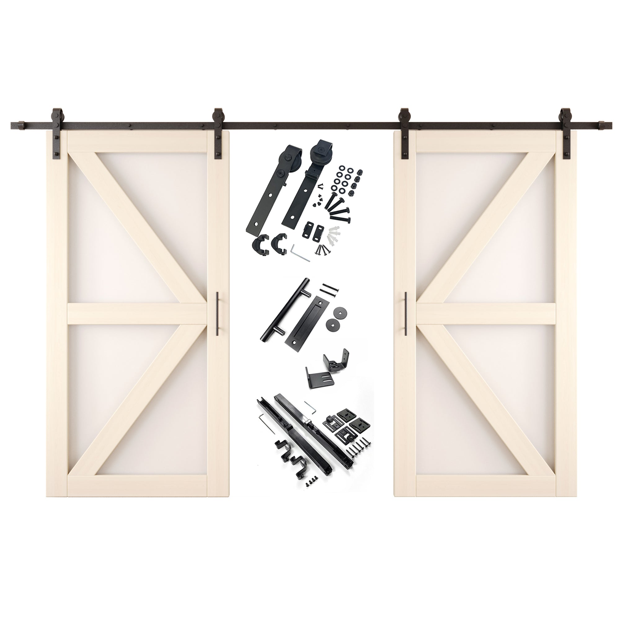 80" Height Tinsmith Gray Frosted Glass Arrow Design Double Unassembled & Finished Pine Wood Barn Doors with Non-Bypass Installation Hardware Kit (Interior Use Only)