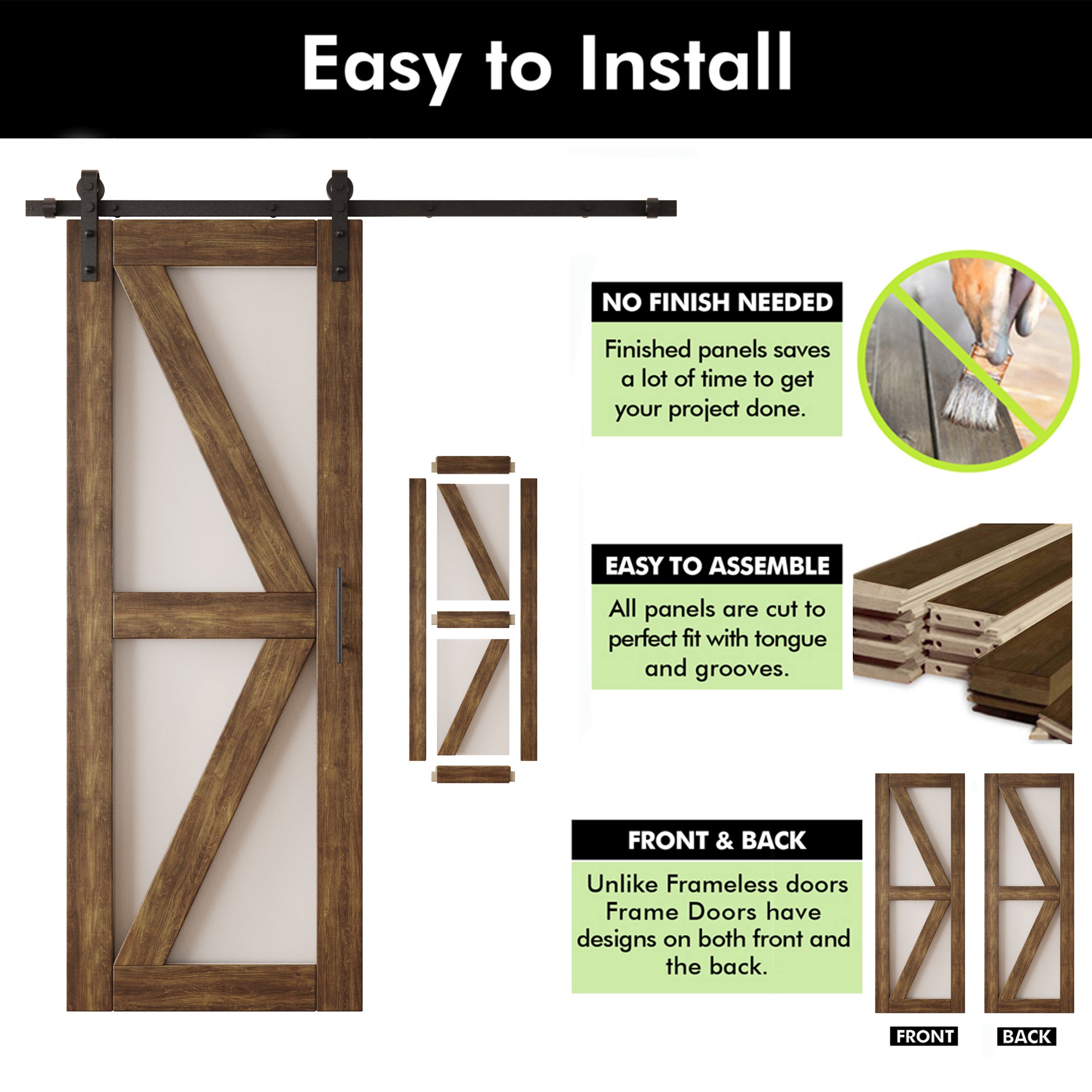 80" Height Dark Walnut Arrow Pattern Glass Double Unassembled & Finished Pine Wood Barn Doors with Non-Bypass Installation Hardware Kit (Interior Use Only)