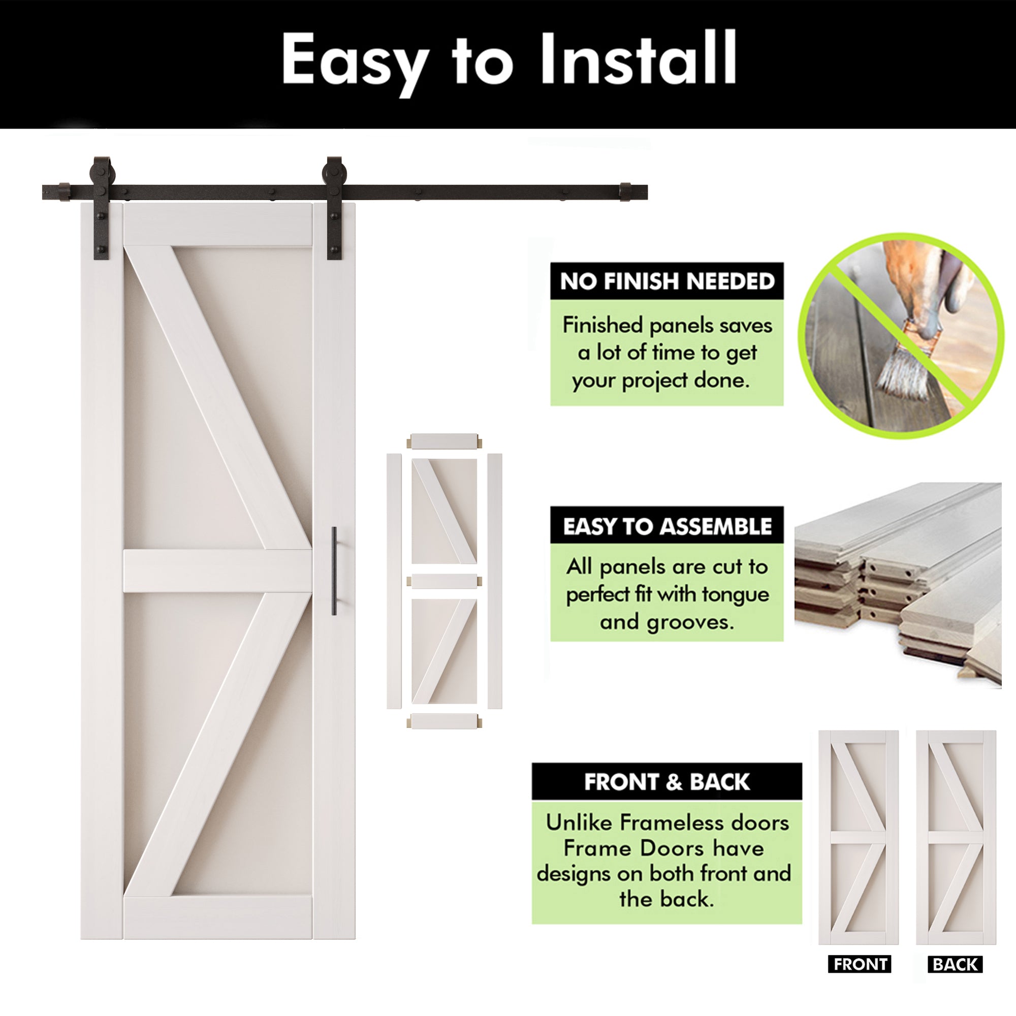 80" Height White Frosted Glass Arrow Design Double Unassembled & Finished Pine Wood Barn Doors with Non-Bypass Installation Hardware Kit (Interior Use Only)