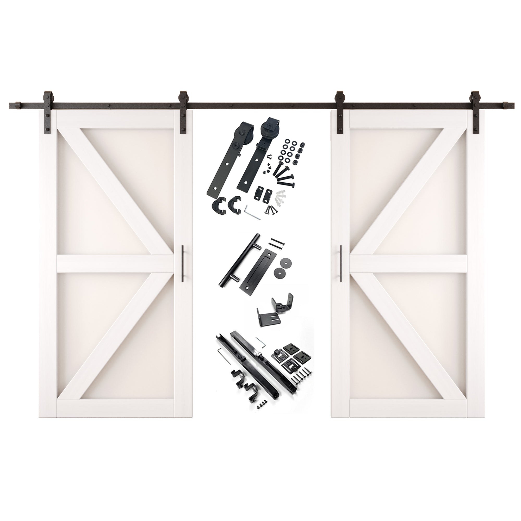 80" Height White Frosted Glass Arrow Design Double Unassembled & Finished Pine Wood Barn Doors with Non-Bypass Installation Hardware Kit (Interior Use Only)