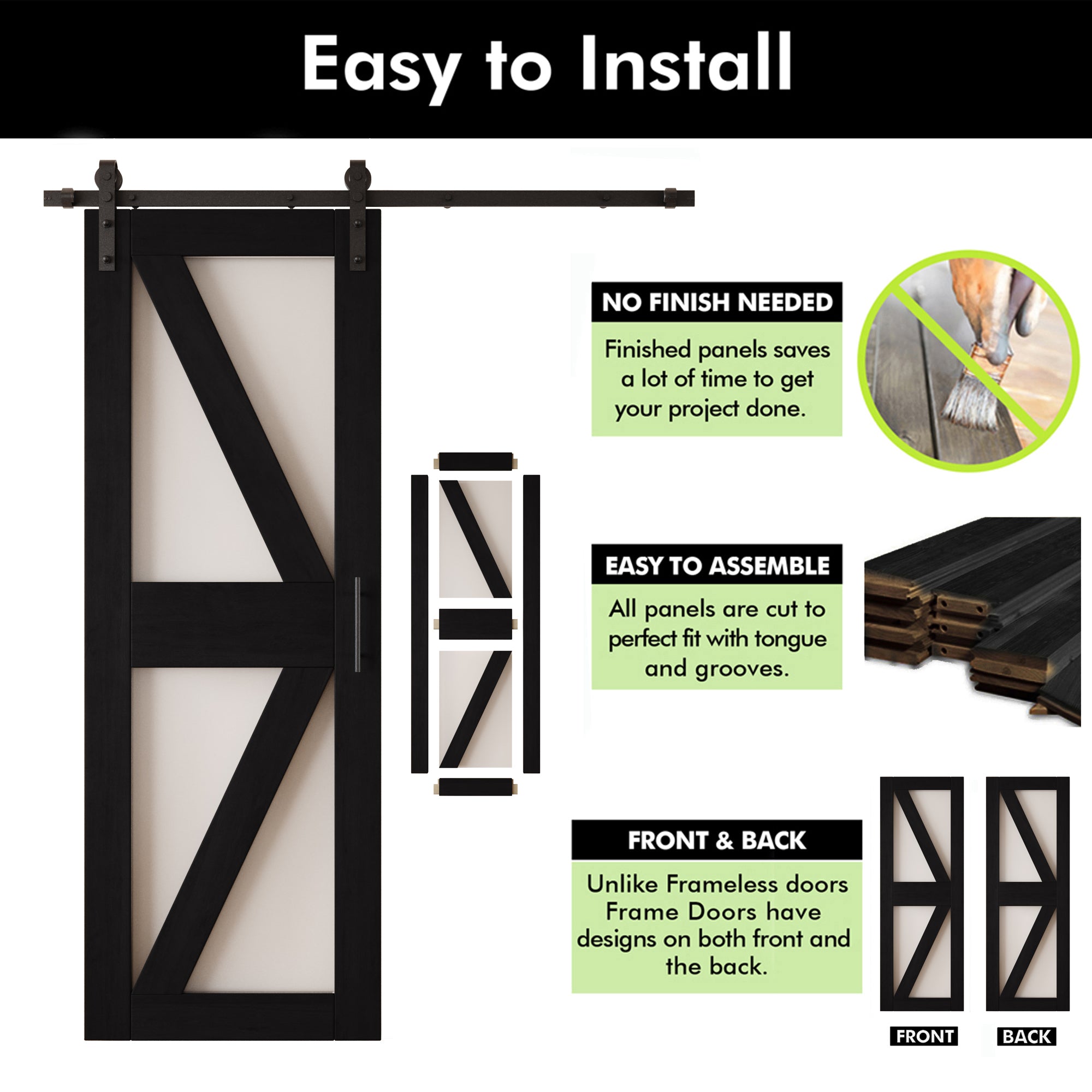 84" Height Black Frosted Glass Arrow Design Double Unassembled & Finished Pine Wood Barn Doors with Non-Bypass Installation Hardware Kit (Interior Use Only)
