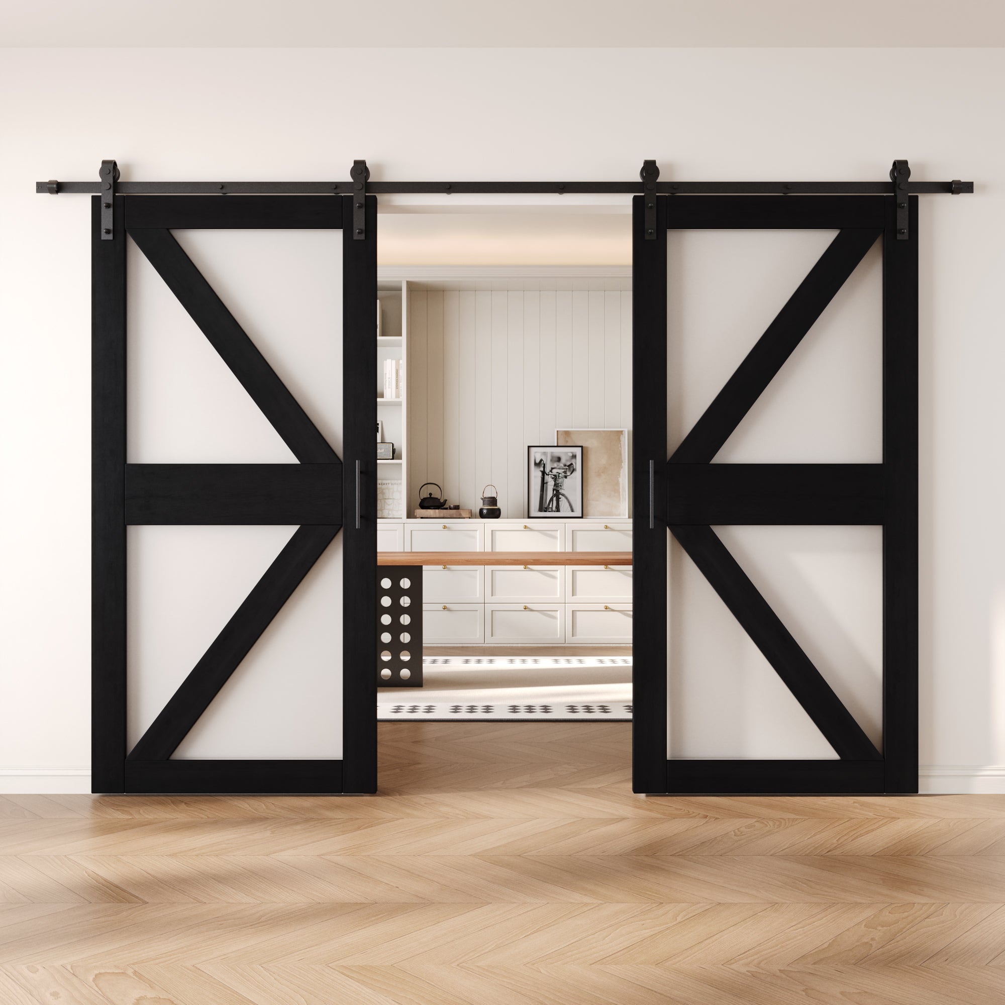 84" Height Black Frosted Glass Arrow Design Double Unassembled & Finished Pine Wood Barn Doors with Non-Bypass Installation Hardware Kit (Interior Use Only)