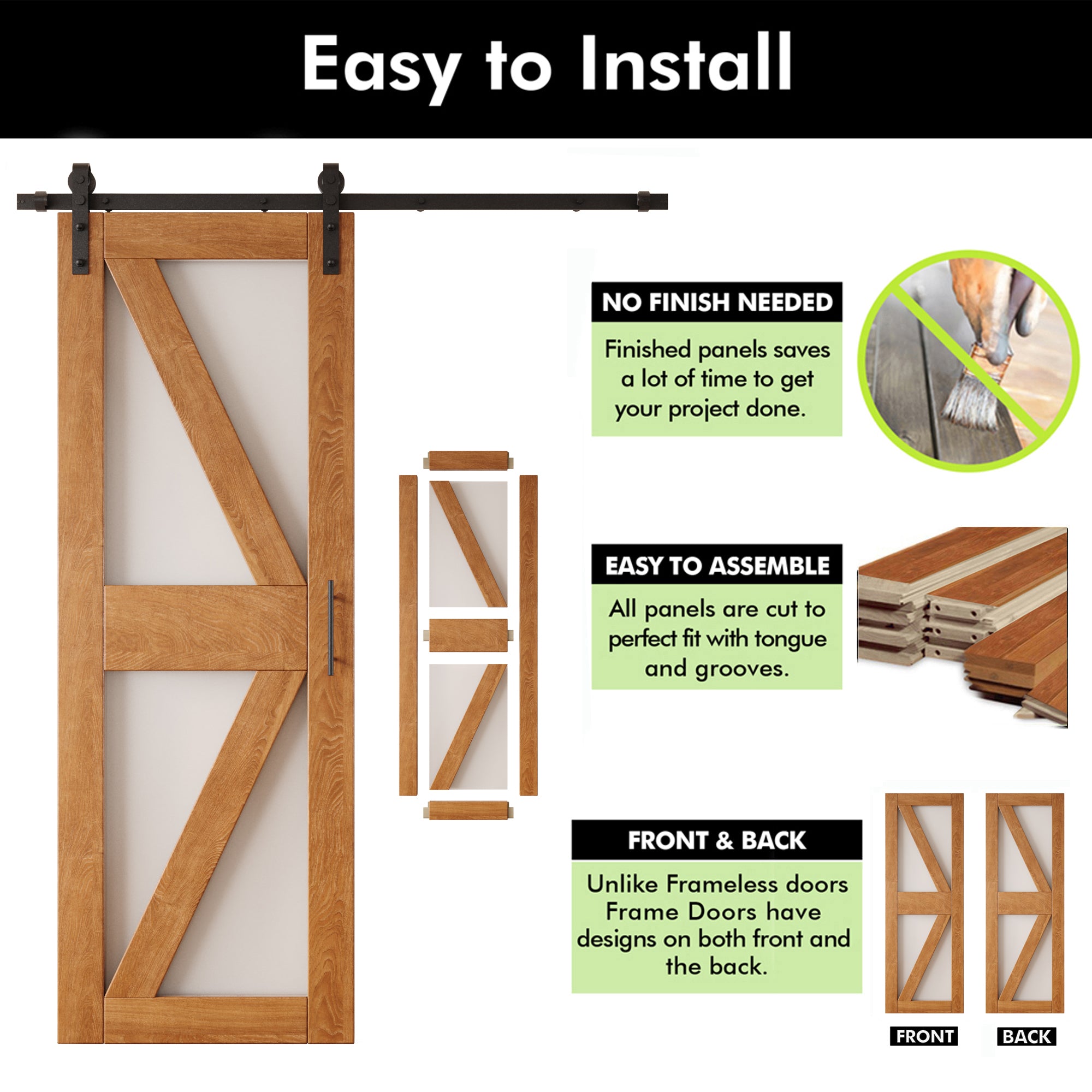 84" Height Early American Arrow Pattern Glass Double Unassembled & Finished Pine Wood Barn Doors with Non-Bypass Installation Hardware Kit (Interior Use Only)