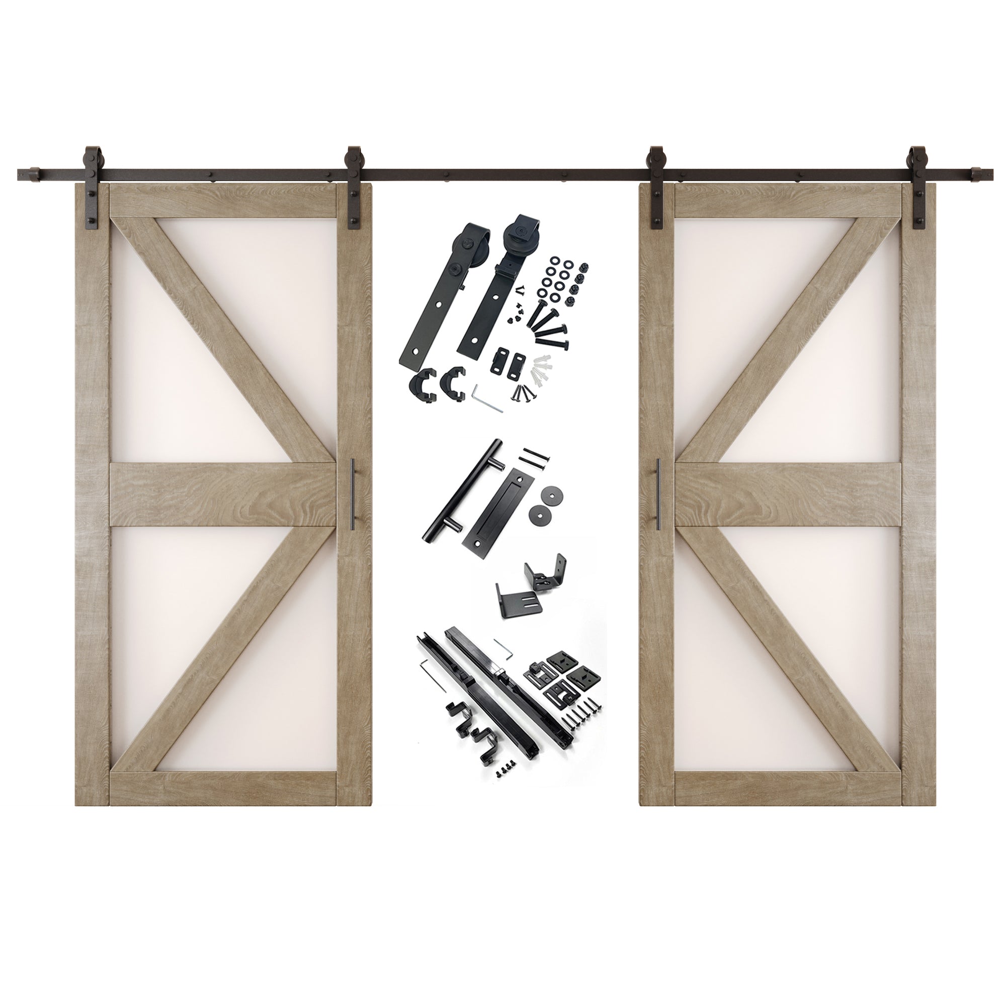 84" Height Classic Gray Frosted Glass Arrow Design Double Unassembled & Finished Pine Wood Barn Doors with Non-Bypass Installation Hardware Kit (Interior Use Only)