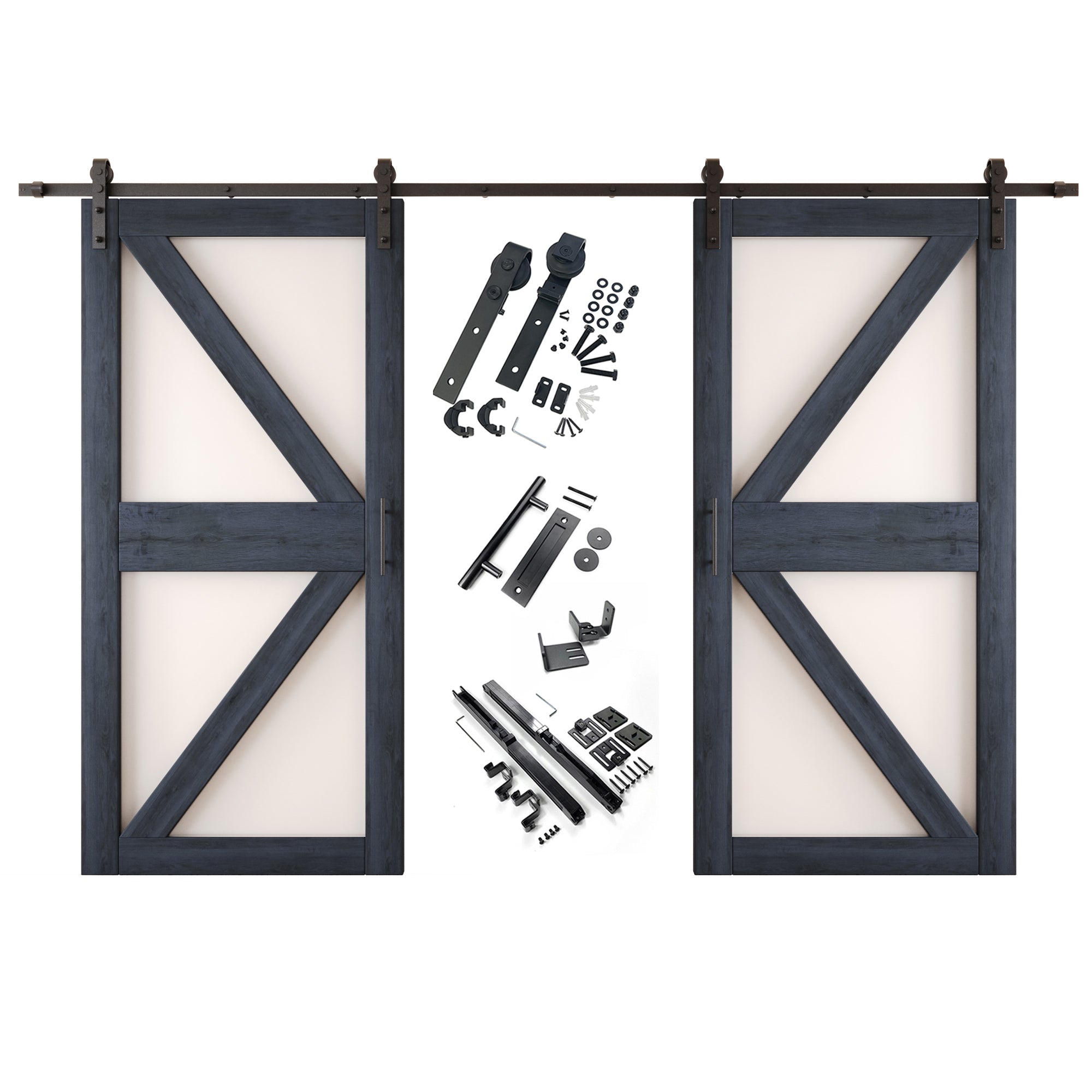 84" Height Navy Arrow Pattern Glass Double Unassembled & Finished Pine Wood Barn Doors with Non-Bypass Installation Hardware Kit (Interior Use Only)