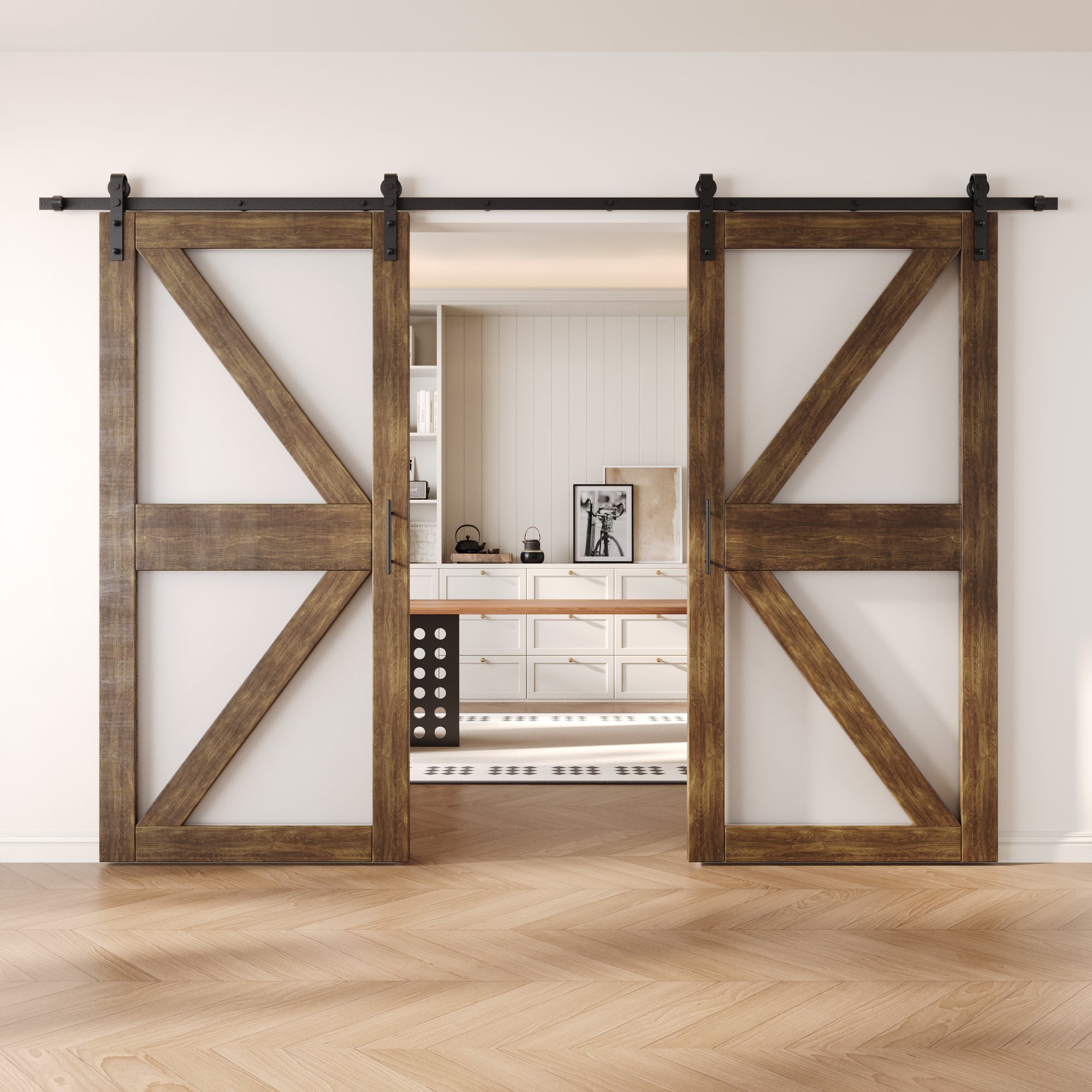 84" Height Dark Walnut Frosted Glass Arrow Design Double Unassembled & Finished Pine Wood Barn Doors with Non-Bypass Installation Hardware Kit (Interior Use Only)