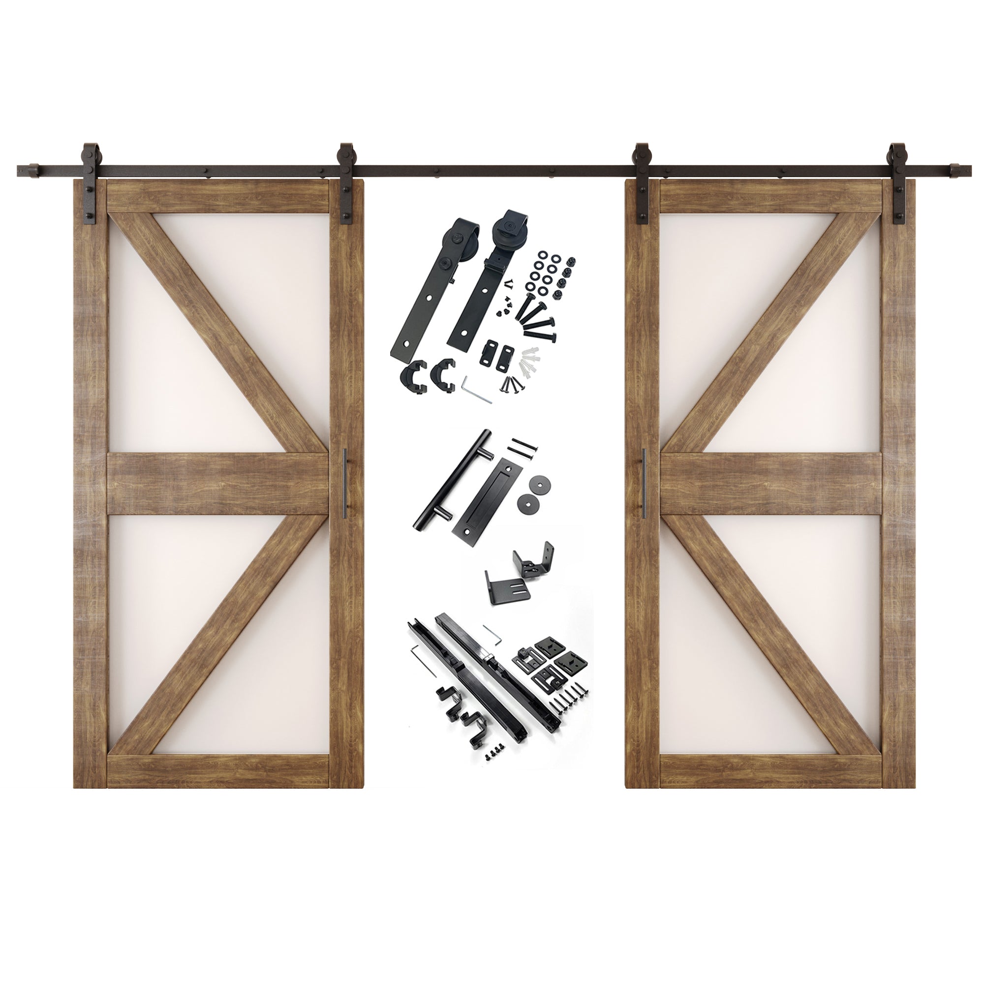 84" Height Dark Walnut Frosted Glass Arrow Design Double Unassembled & Finished Pine Wood Barn Doors with Non-Bypass Installation Hardware Kit (Interior Use Only)