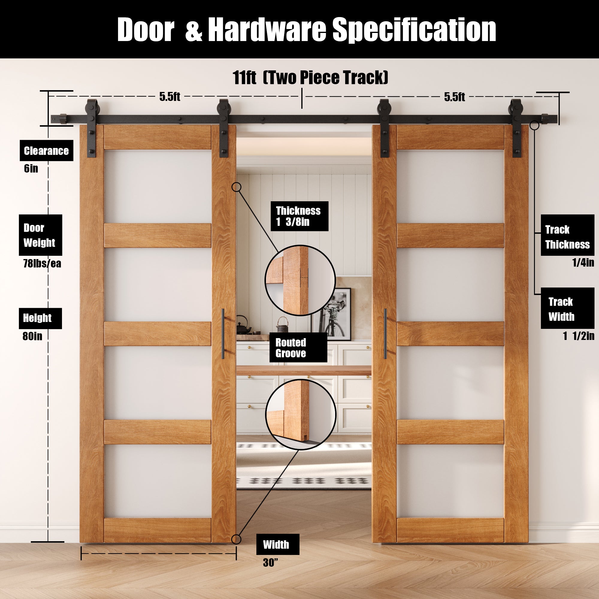 80" Height Early American 4-Lite Frosted Glass Double Unassembled & Finished Pine Wood Barn Doors with Non-Bypass Installation Hardware Kit (Interior Use Only)