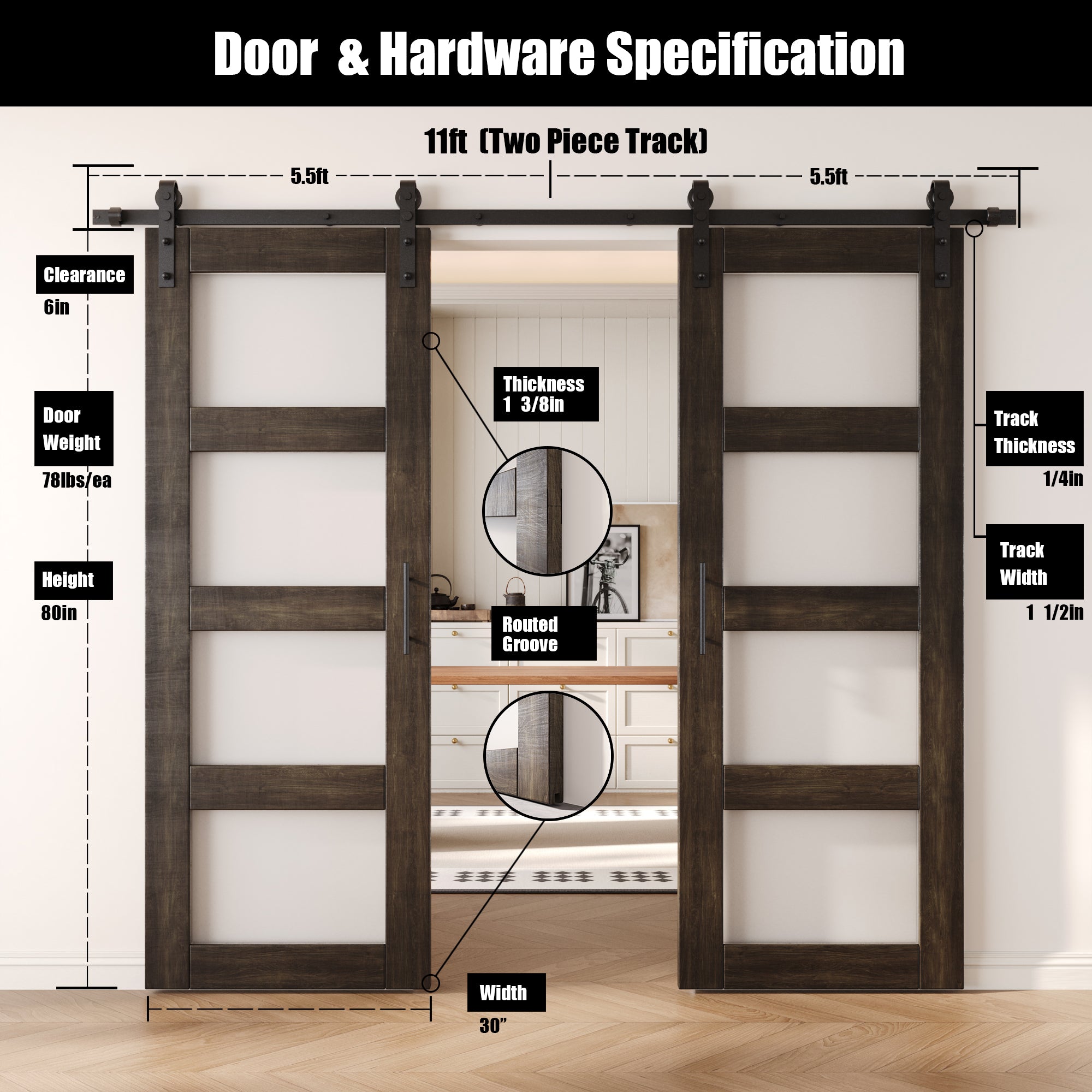 80" Height Ebony 4-Lite Frosted Glass Double Unassembled & Finished Pine Wood Barn Doors with Non-Bypass Installation Hardware Kit (Interior Use Only)