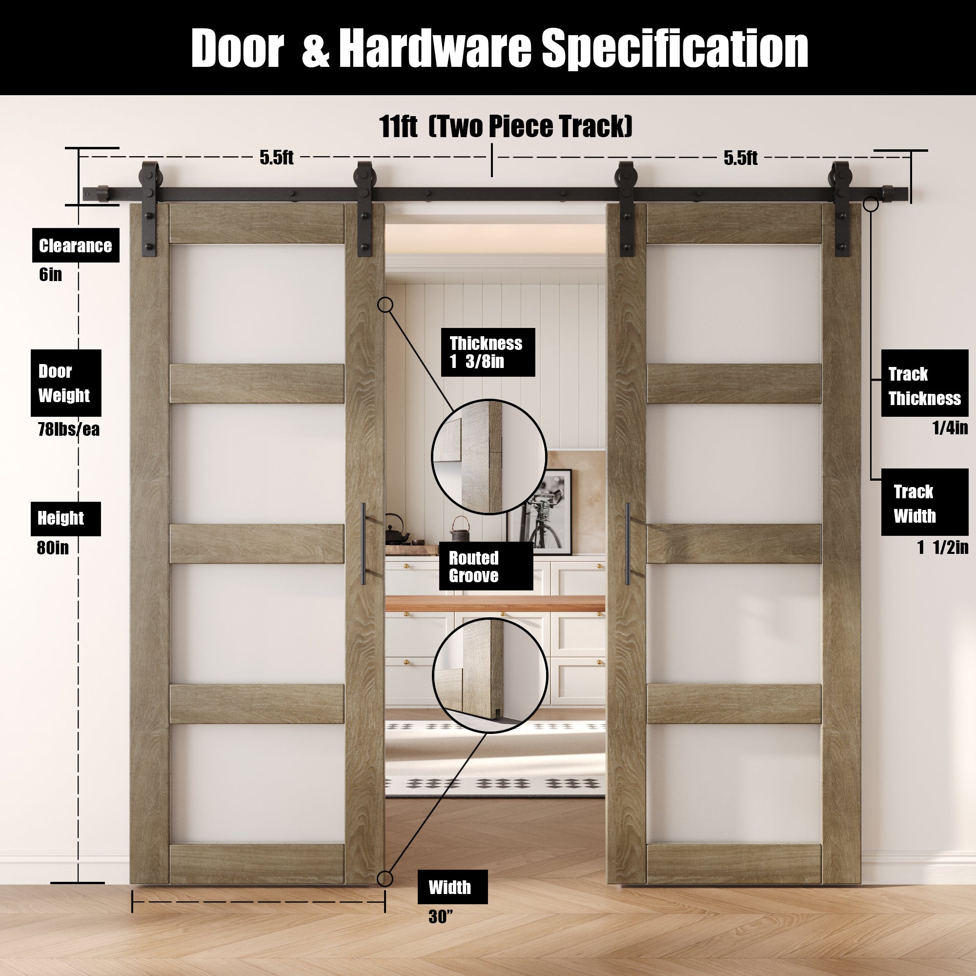 80" Height Classic Gray 4-Lite Frosted Glass Double Unassembled & Finished Pine Wood Barn Doors with Non-Bypass Installation Hardware Kit (Interior Use Only)