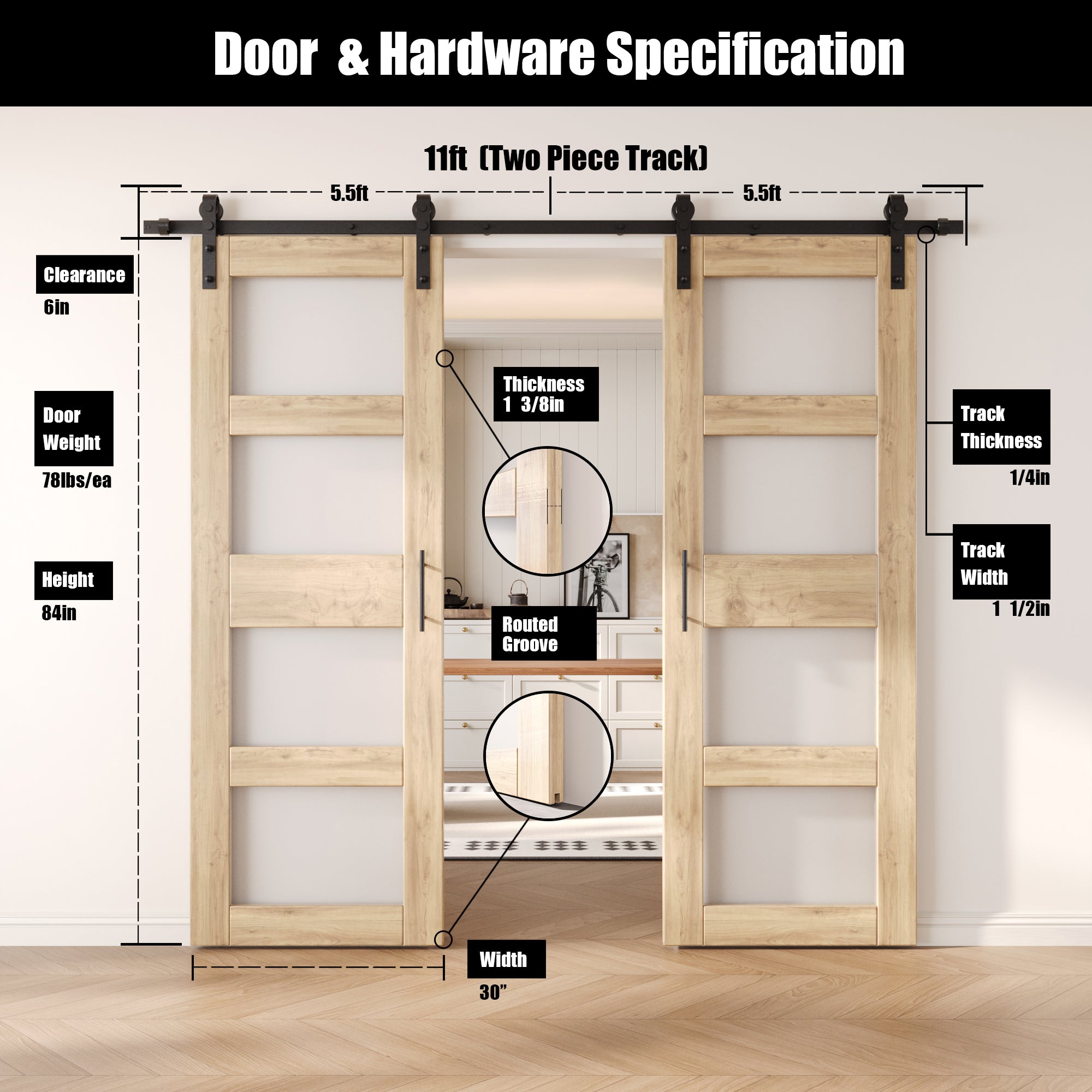 84" Height 4-Lite Frosted Glass Double Unassembled & Unfinished Pine Wood Barn Doors with Non-Bypass Installation Hardware Kit (Interior Use Only)