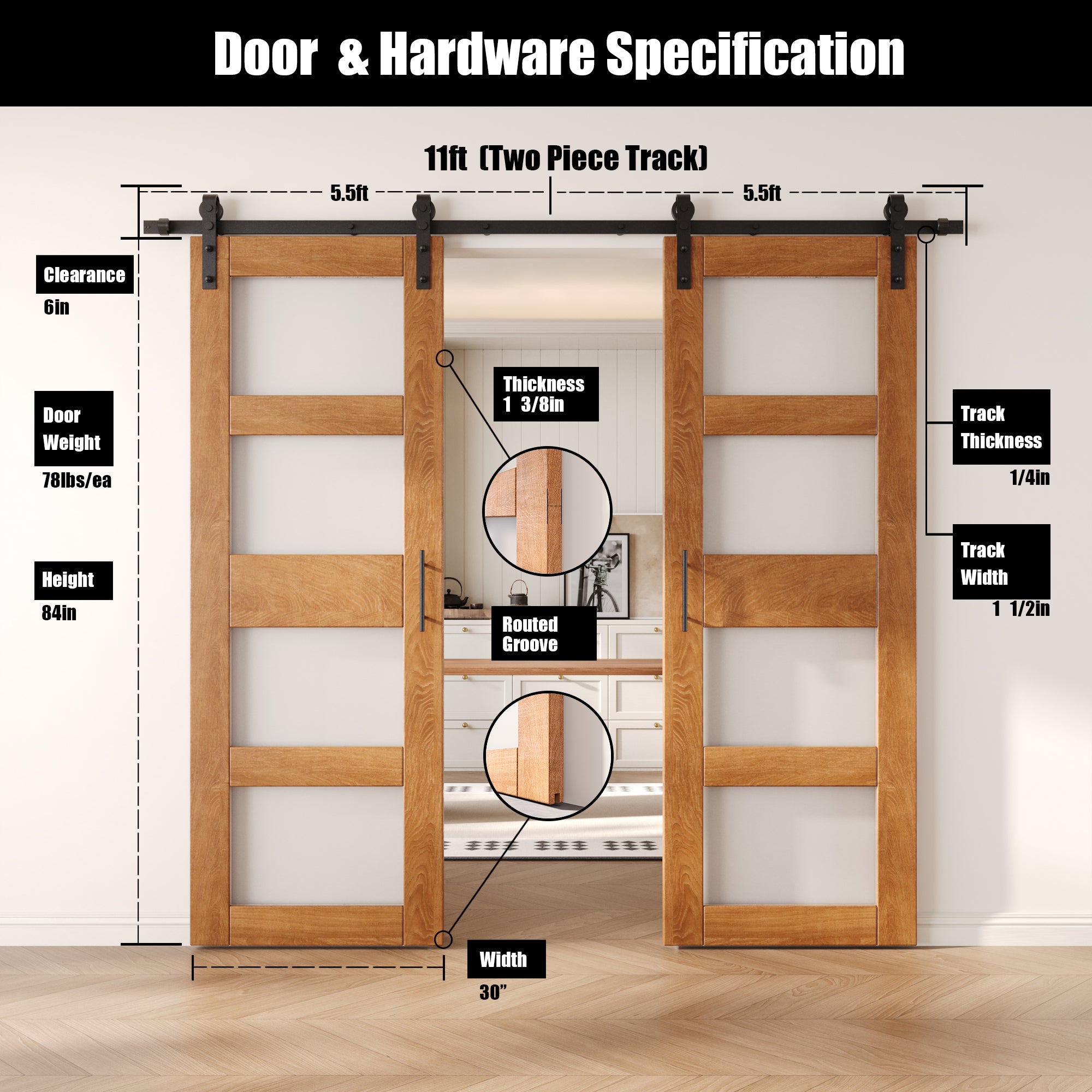 84" Height Early American 4-Lite Frosted Glass Double Unassembled & Finished Pine Wood Barn Doors with Non-Bypass Installation Hardware Kit (Interior Use Only)