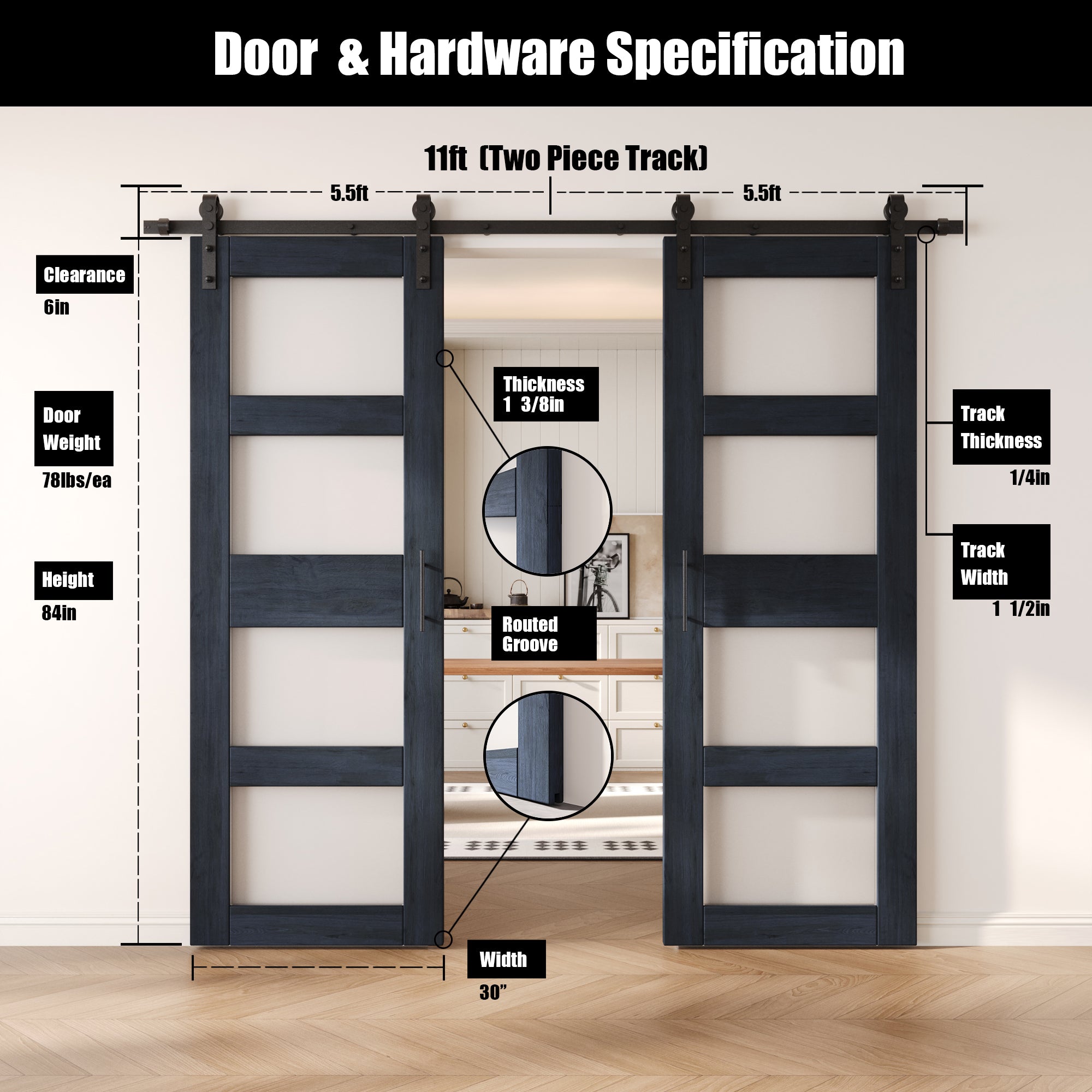 84" Height Navy 4-Lite Frosted Glass Double Unassembled & Finished Pine Wood Barn Doors with Non-Bypass Installation Hardware Kit (Interior Use Only)