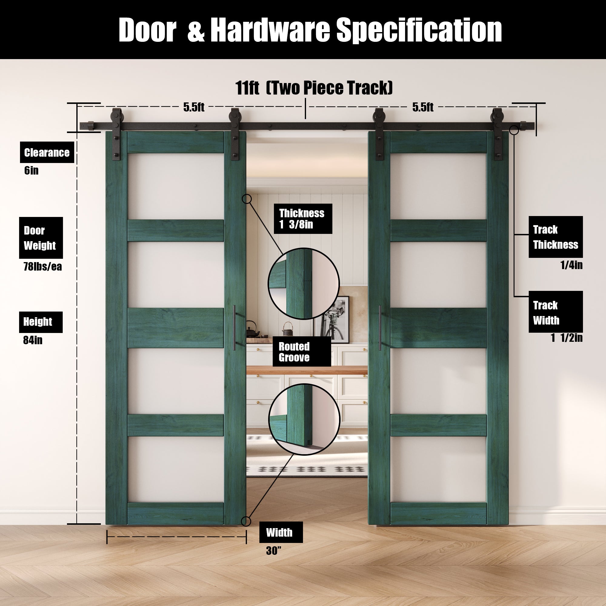 84" Height Royal Pine 4-Lite Frosted Glass Double Unassembled & Finished Pine Wood Barn Doors with Non-Bypass Installation Hardware Kit (Interior Use Only)