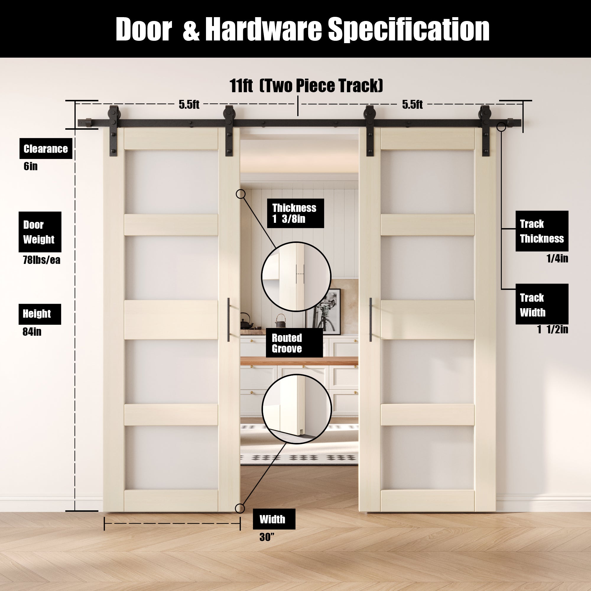84" Height Tinsmith Gray 4-Lite Frosted Glass Double Unassembled & Finished Pine Wood Barn Doors with Non-Bypass Installation Hardware Kit (Interior Use Only)