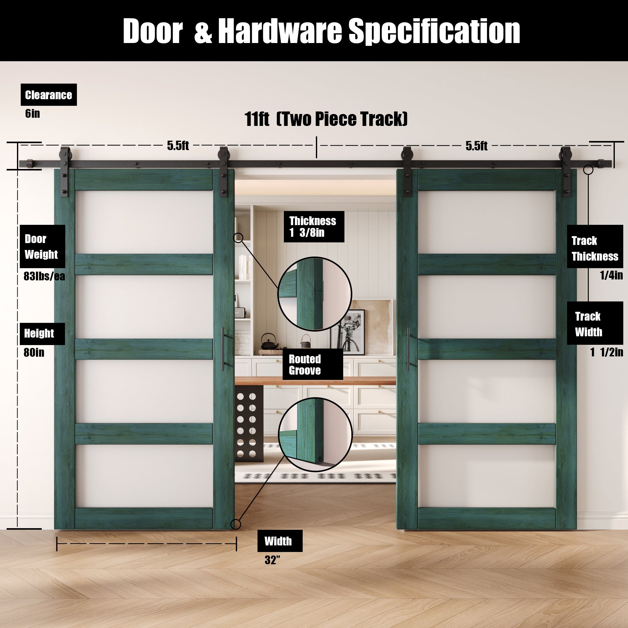 80" Height Royal Pine 4-Lite Frosted Glass Double Unassembled & Finished Pine Wood Barn Doors with Non-Bypass Installation Hardware Kit (Interior Use Only)
