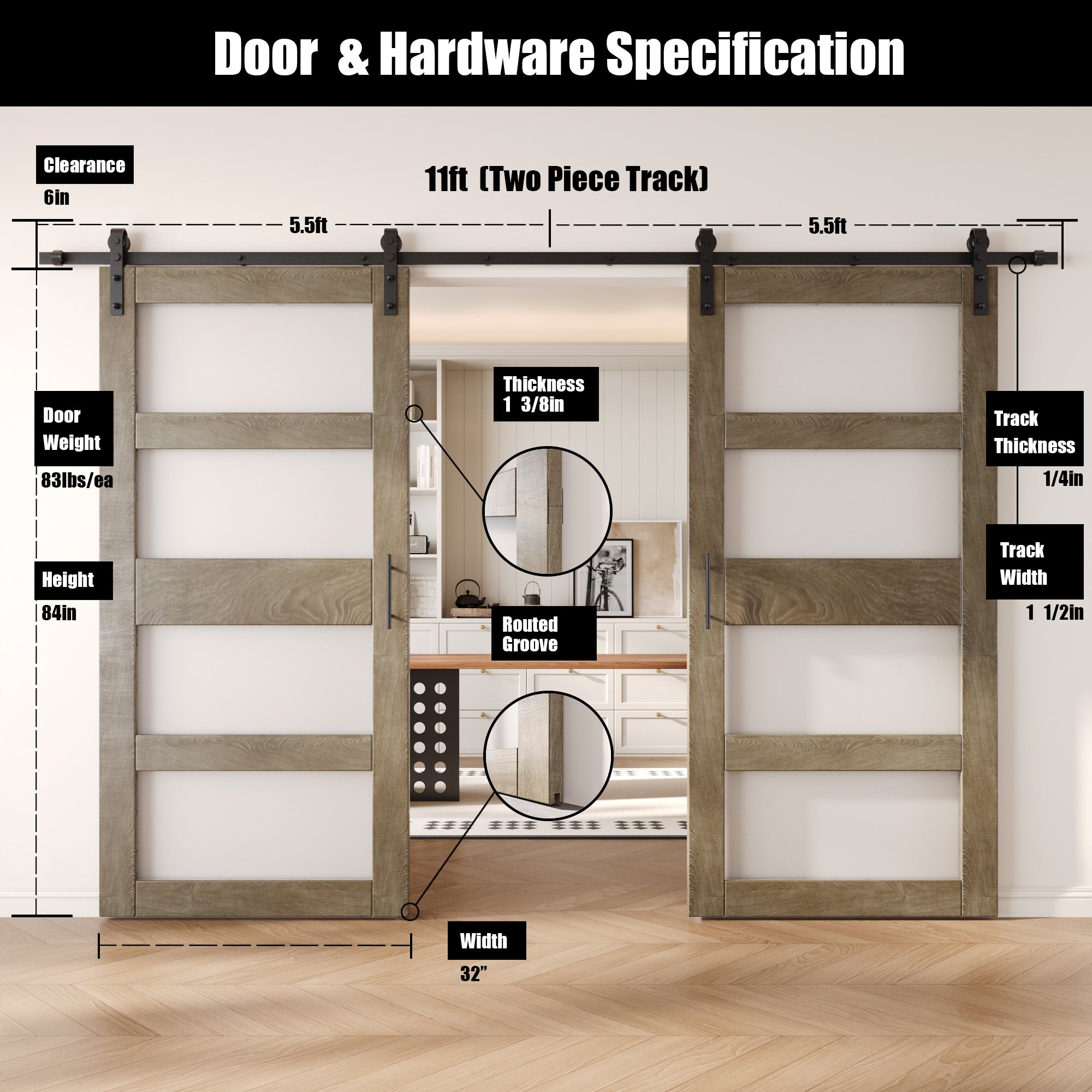 84" Height Classic Gray 4-Lite Frosted Glass Double Unassembled & Finished Pine Wood Barn Doors with Non-Bypass Installation Hardware Kit (Interior Use Only)