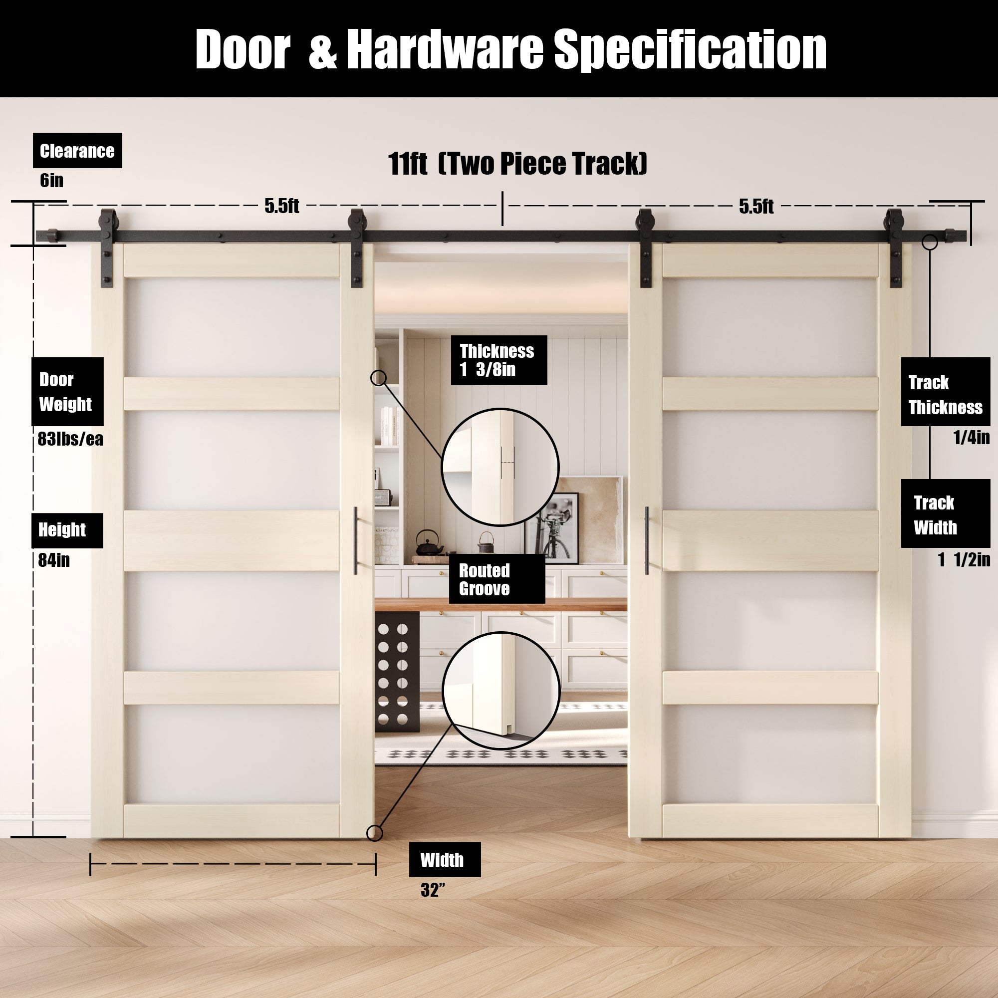 84" Height Tinsmith Gray 4-Lite Frosted Glass Double Unassembled & Finished Pine Wood Barn Doors with Non-Bypass Installation Hardware Kit (Interior Use Only)