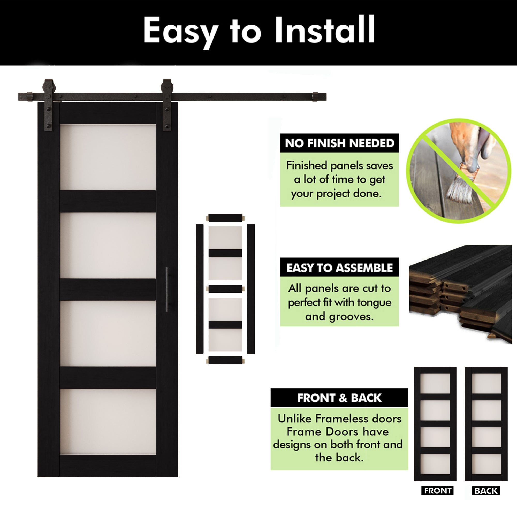 80" Height Black 4-Lite Frosted Glass Double Unassembled & Finished Pine Wood Barn Doors with Non-Bypass Installation Hardware Kit (Interior Use Only)