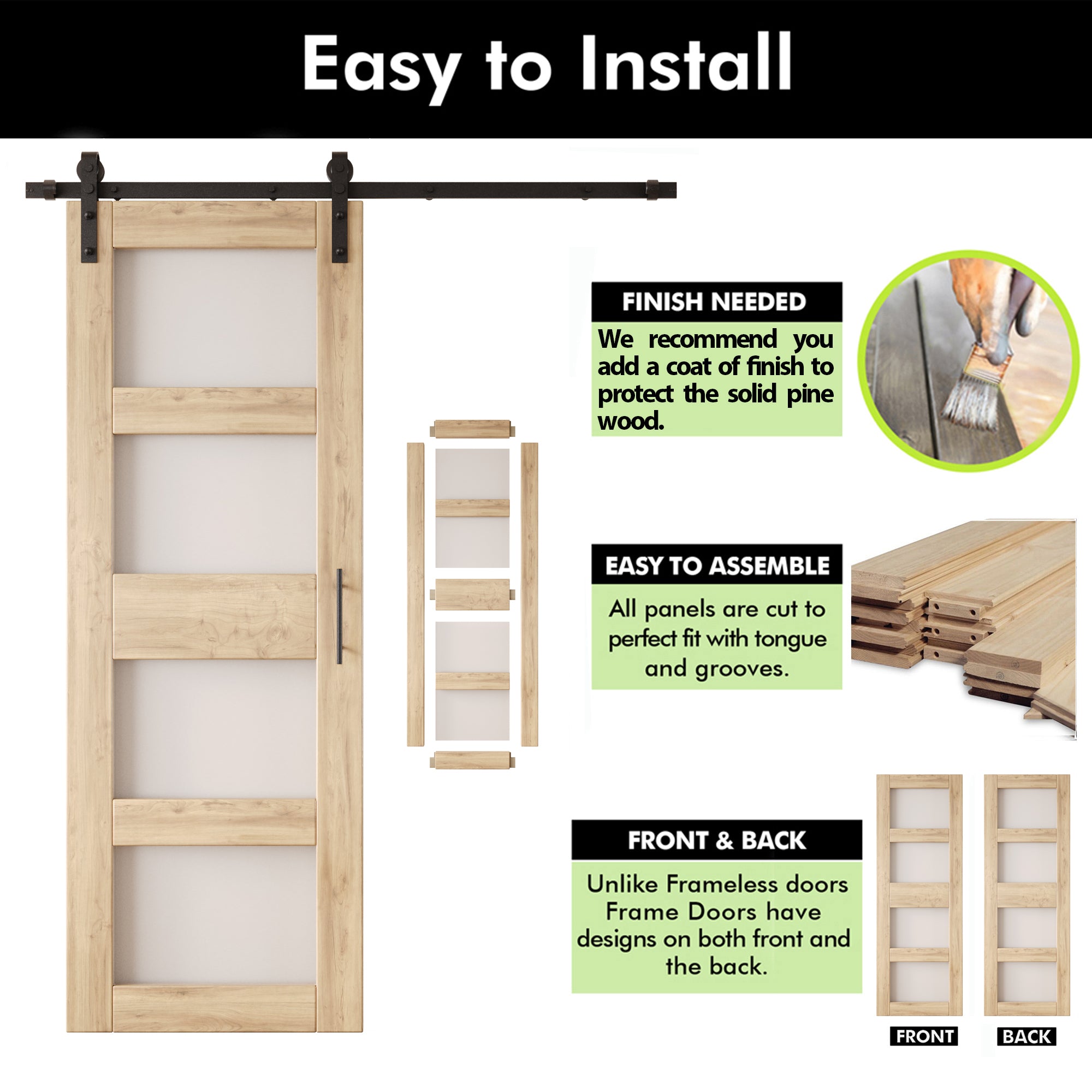 84" Height 4-Lite Frosted Glass Double Unassembled & Unfinished Pine Wood Barn Doors with Non-Bypass Installation Hardware Kit (Interior Use Only)