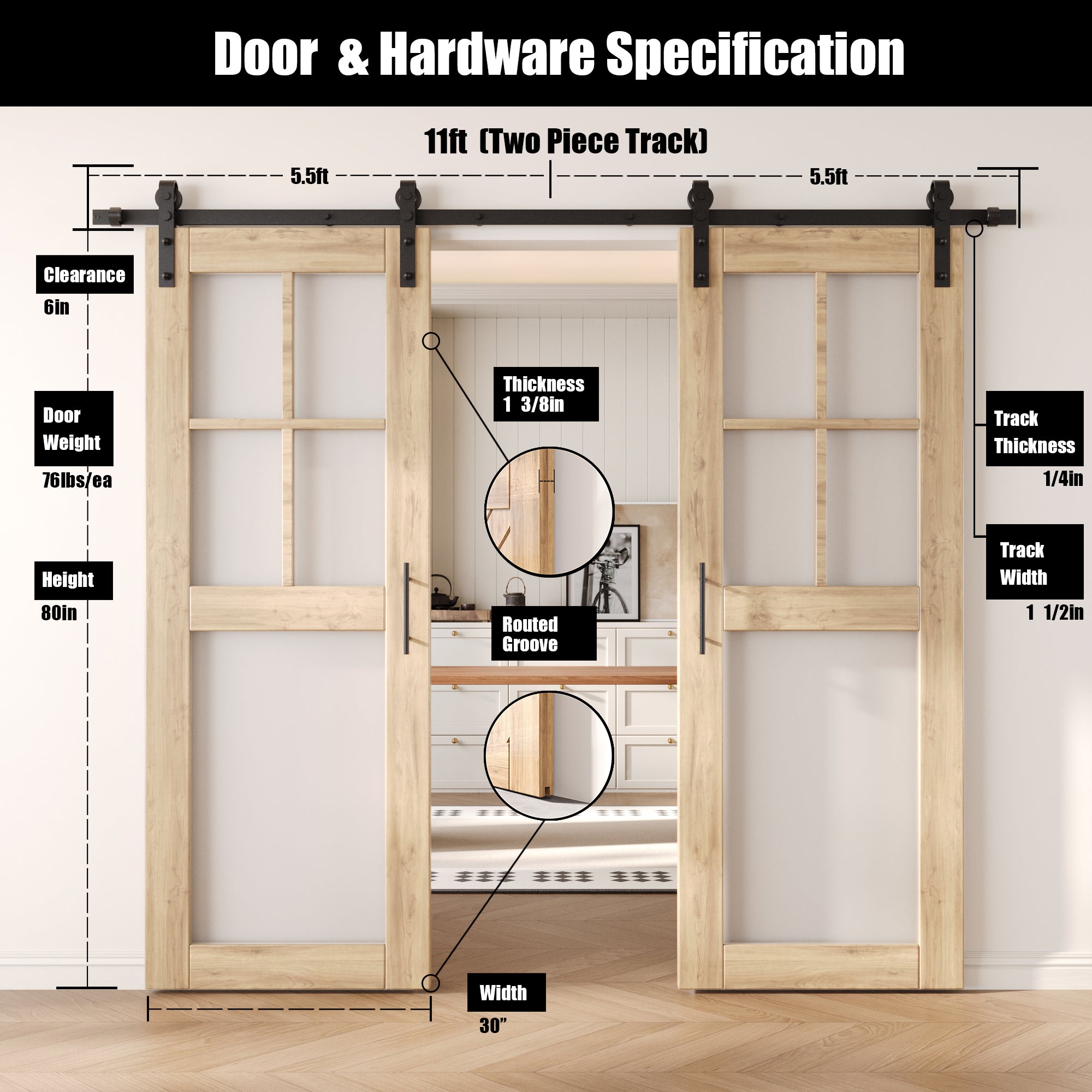 80" Height 5-Lite Frosted Glass Double Unassembled & Unfinished Pine Wood Barn Doors with Non-Bypass Installation Hardware Kit (Interior Use Only)