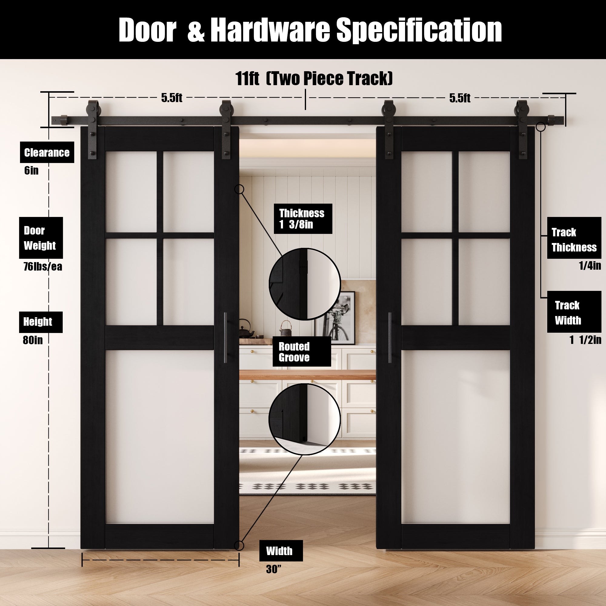 80" Height Black 5-Lite Frosted Glass Double Unassembled & Finished Pine Wood Barn Doors with Non-Bypass Installation Hardware Kit (Interior Use Only)