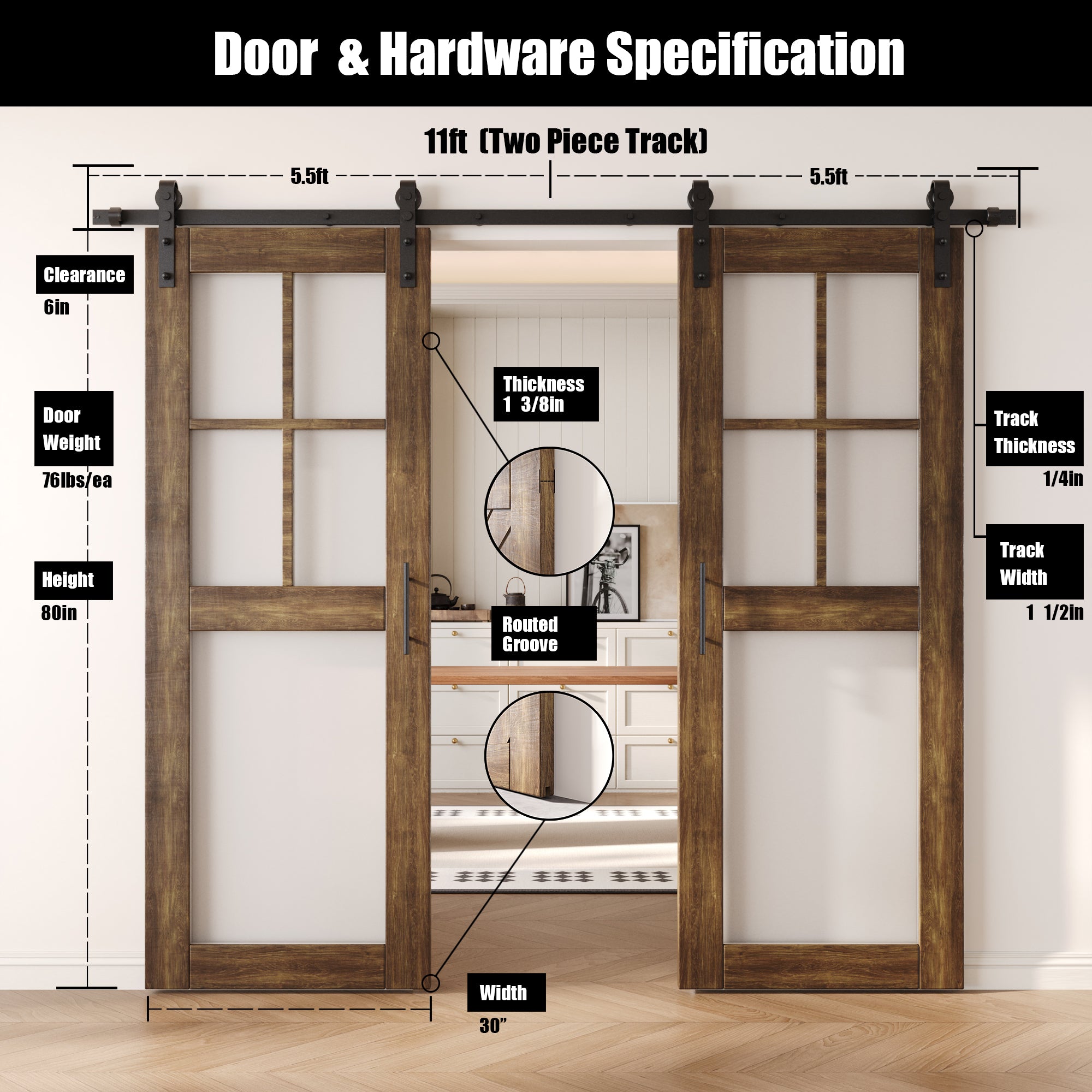 80" Height Dark Walnut 5-Lite Frosted Glass Double Unassembled & Finished Pine Wood Barn Doors with Non-Bypass Installation Hardware Kit (Interior Use Only)