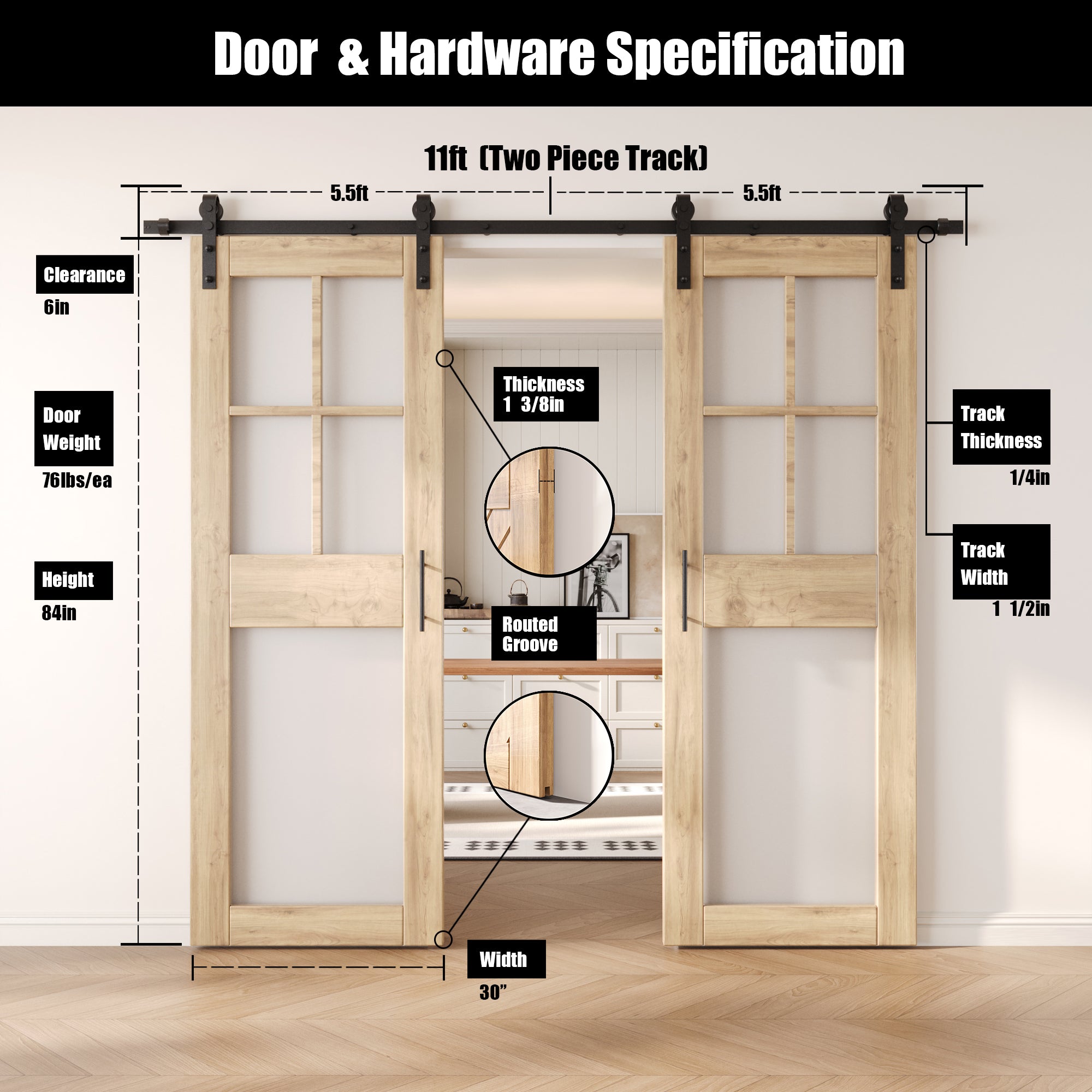 84" Height 5-Lite Frosted Glass Double Unassembled & Unfinished Pine Wood Barn Doors with Non-Bypass Installation Hardware Kit (Interior Use Only)