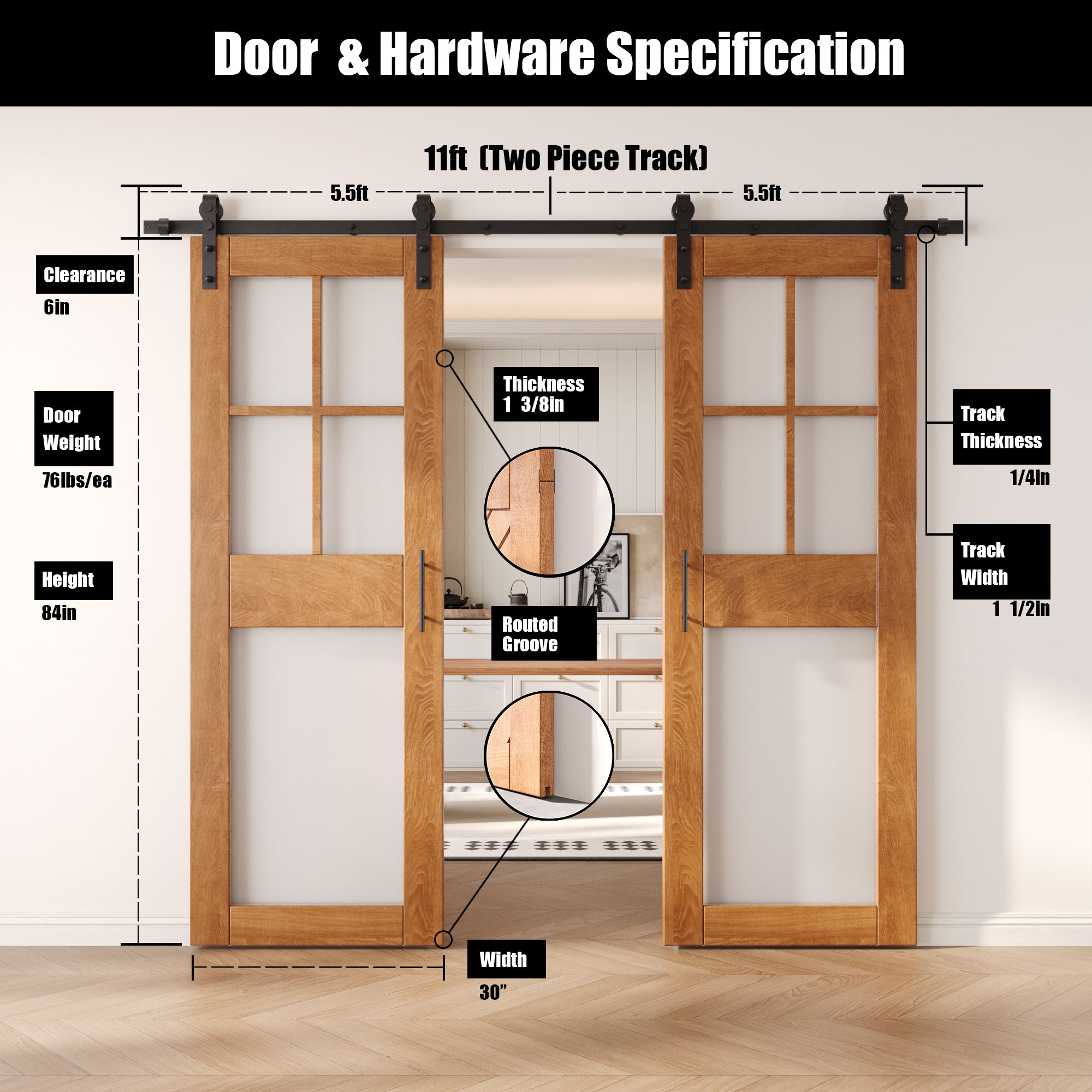 84" Height Early American 5-Lite Frosted Glass Double Unassembled & Finished Pine Wood Barn Doors with Non-Bypass Installation Hardware Kit (Interior Use Only)