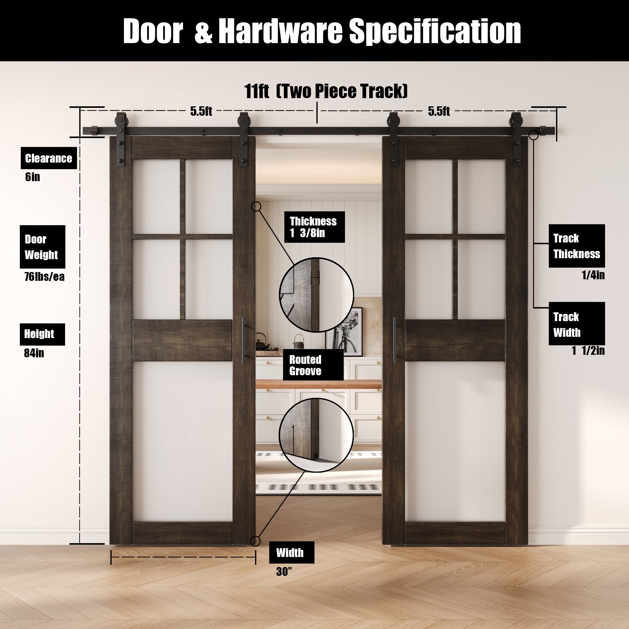 84" Height Ebony 5-Lite Frosted Glass Double Unassembled & Finished Pine Wood Barn Doors with Non-Bypass Installation Hardware Kit (Interior Use Only)