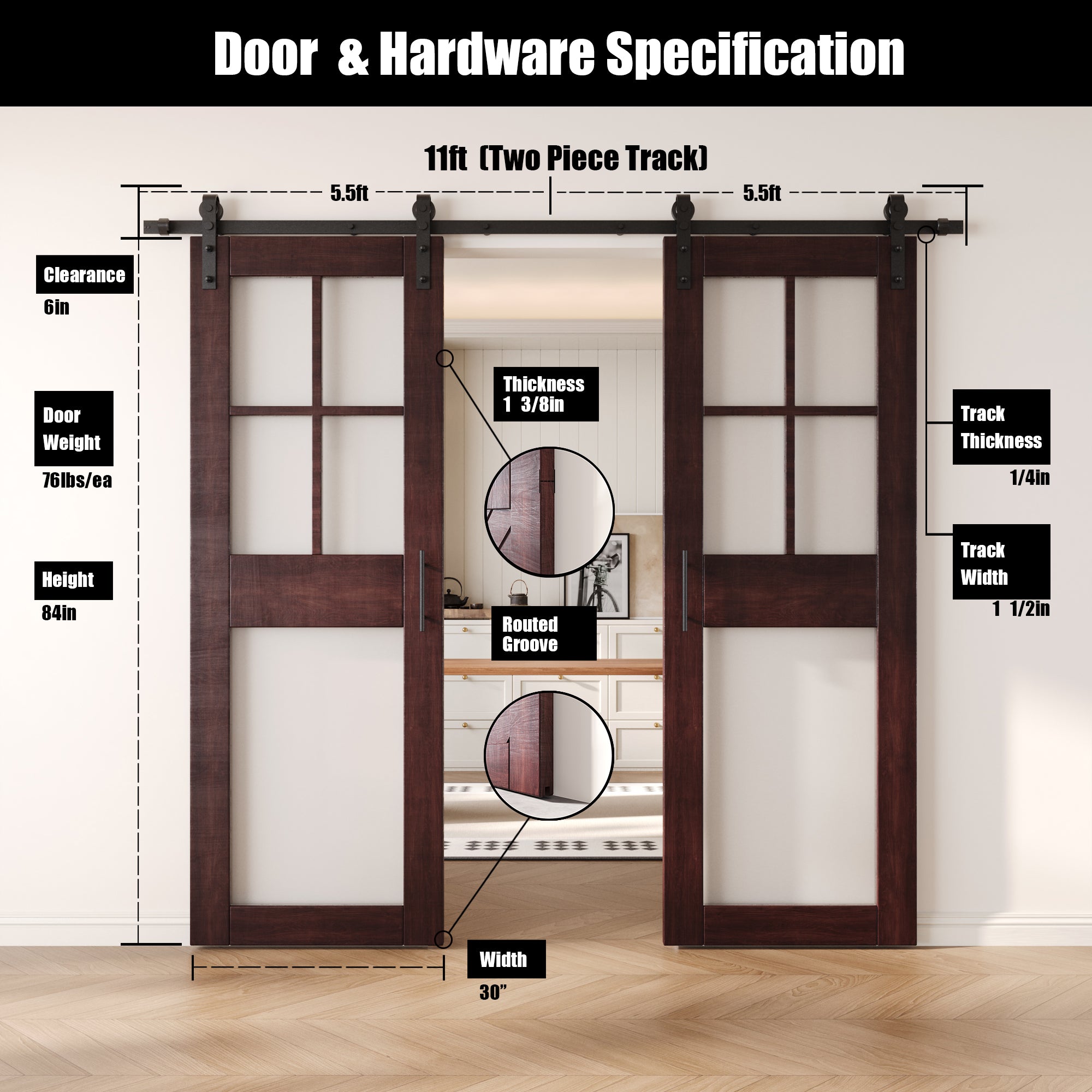 84" Height Red Mahogany 5-Lite Frosted Glass Double Unassembled & Finished Pine Wood Barn Doors with Non-Bypass Installation Hardware Kit (Interior Use Only)
