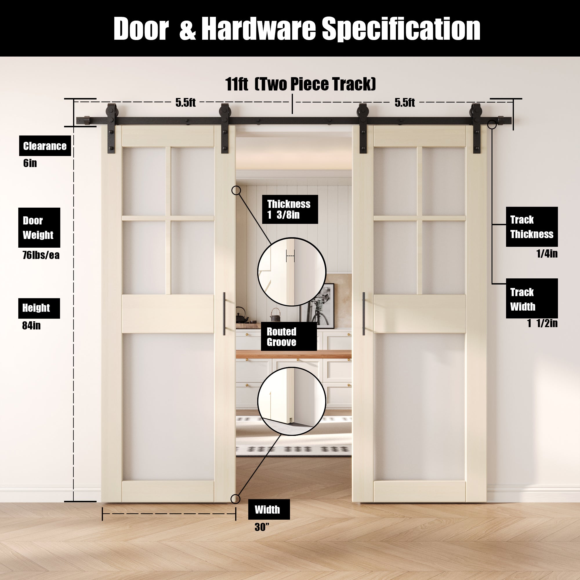 84" Height Tinsmith Gray 5-Lite Frosted Glass Double Unassembled & Finished Pine Wood Barn Doors with Non-Bypass Installation Hardware Kit (Interior Use Only)