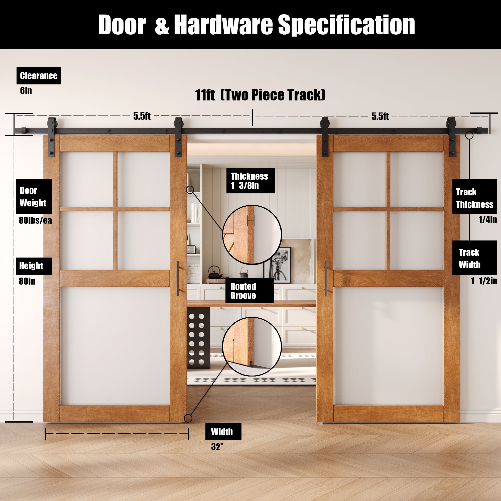 80" Height Early American 5-Lite Frosted Glass Double Unassembled & Finished Pine Wood Barn Doors with Non-Bypass Installation Hardware Kit (Interior Use Only)