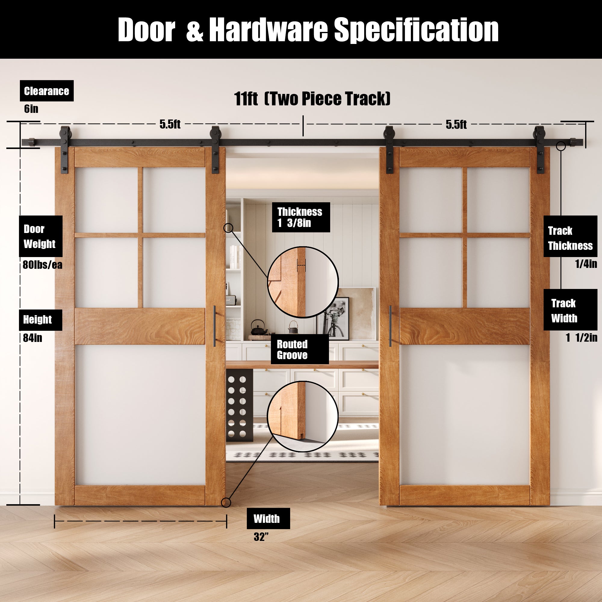 84" Height Early American 5-Lite Frosted Glass Double Unassembled & Finished Pine Wood Barn Doors with Non-Bypass Installation Hardware Kit (Interior Use Only)