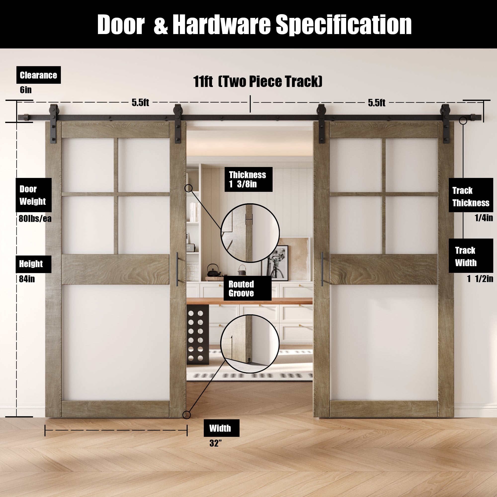 84" Height Classic Gray 5-Lite Frosted Glass Double Unassembled & Finished Pine Wood Barn Doors with Non-Bypass Installation Hardware Kit (Interior Use Only)