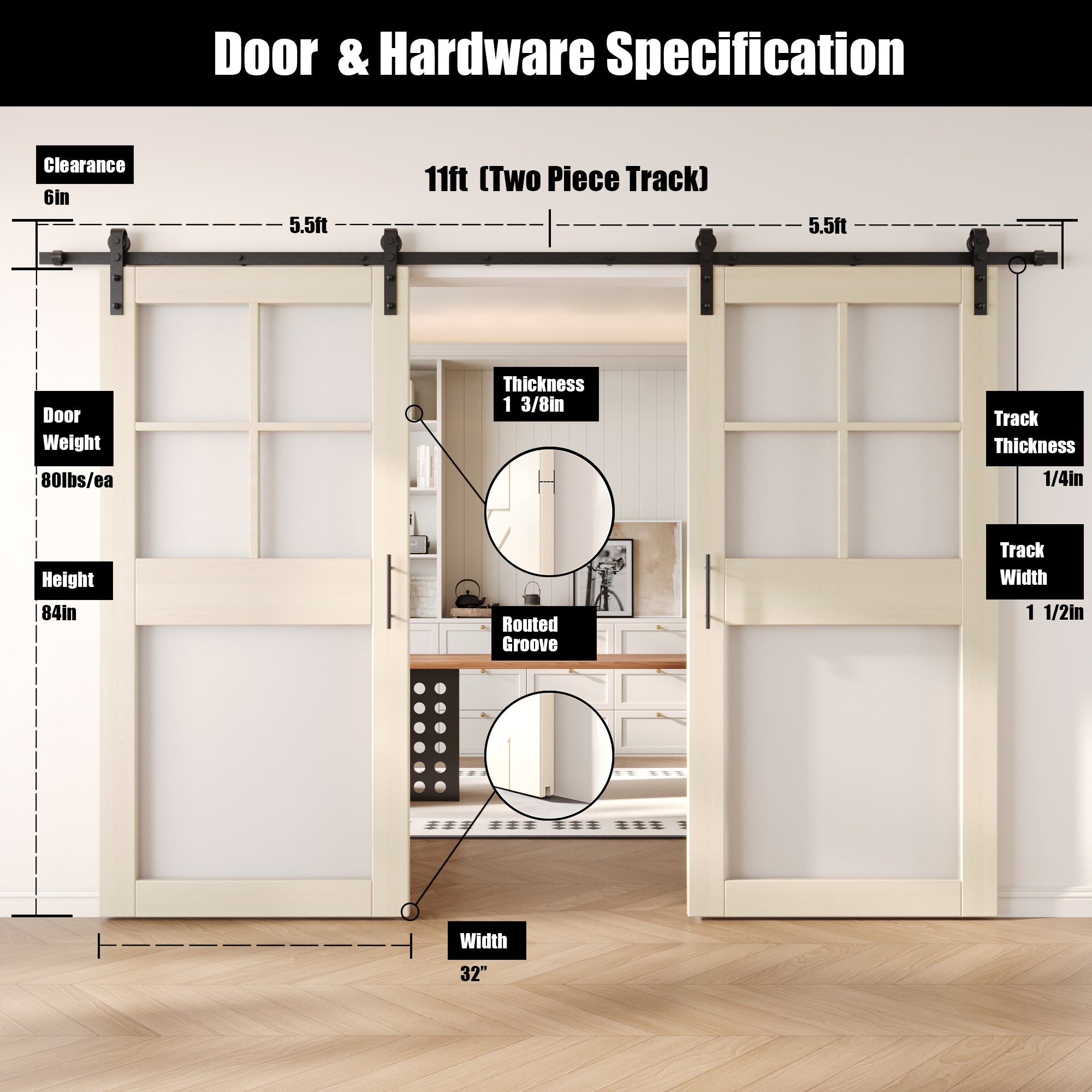 84" Height Tinsmith Gray 5-Lite Frosted Glass Double Unassembled & Finished Pine Wood Barn Doors with Non-Bypass Installation Hardware Kit (Interior Use Only)