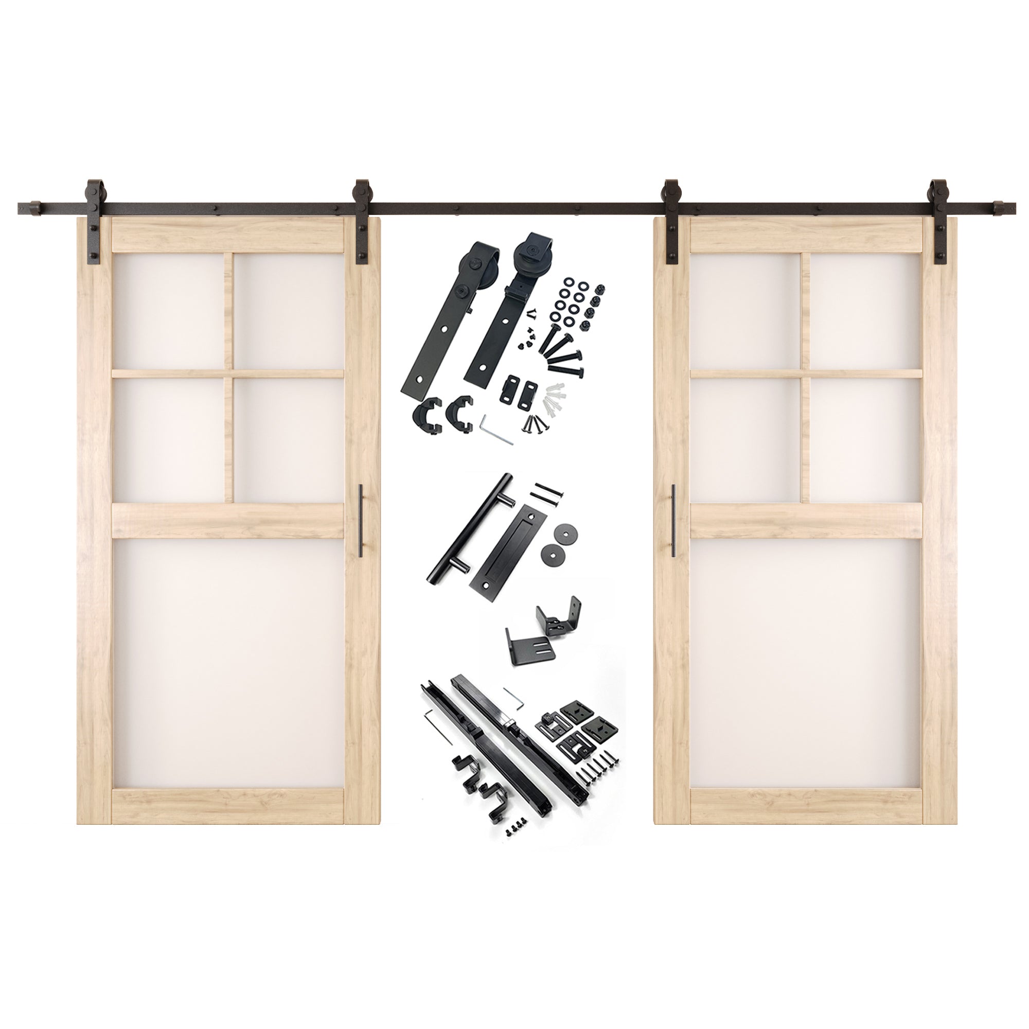 80" Height 5-Lite Frosted Glass Double Unassembled & Unfinished Pine Wood Barn Doors with Non-Bypass Installation Hardware Kit (Interior Use Only)