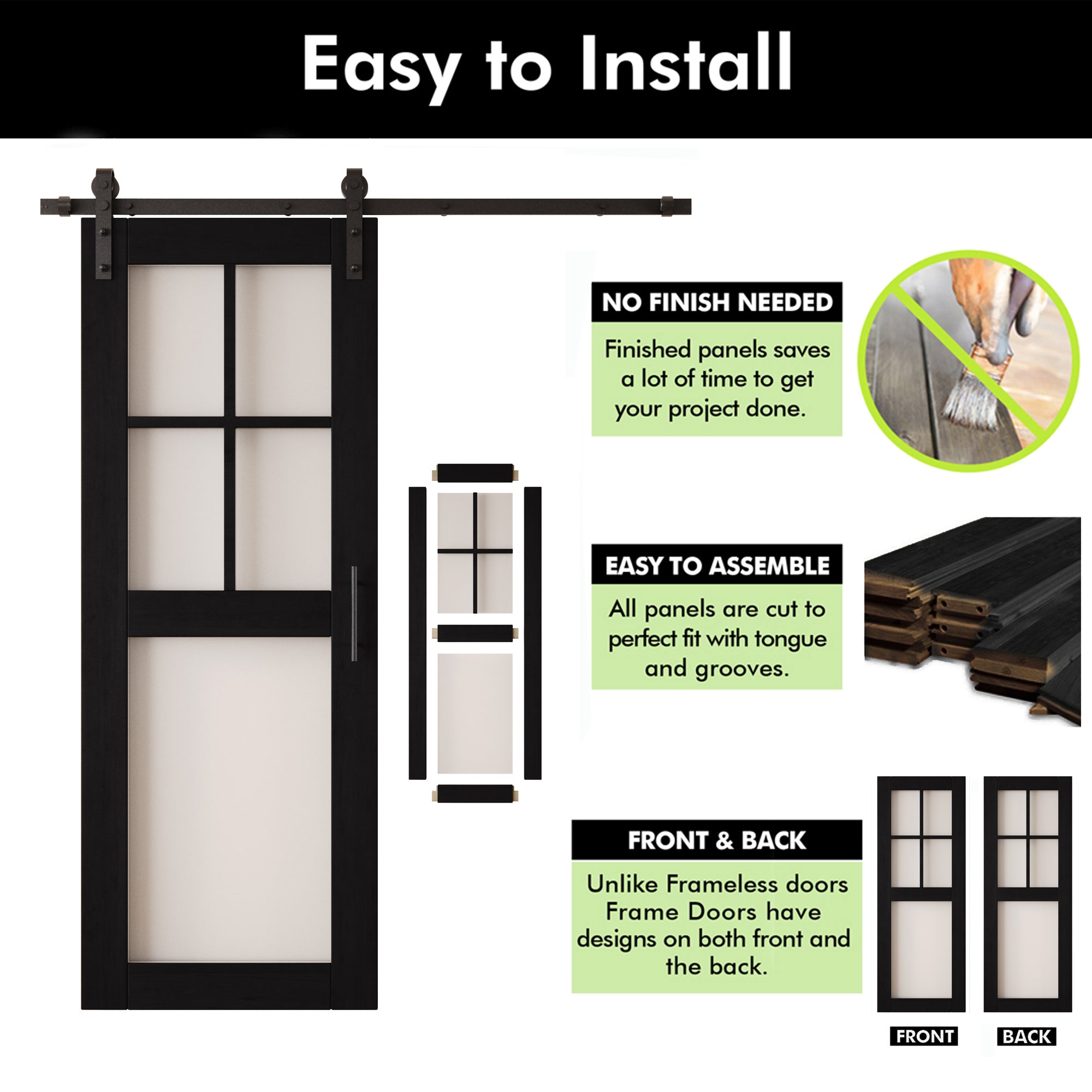 80" Height Black 5-Lite Frosted Glass Double Unassembled & Finished Pine Wood Barn Doors with Non-Bypass Installation Hardware Kit (Interior Use Only)