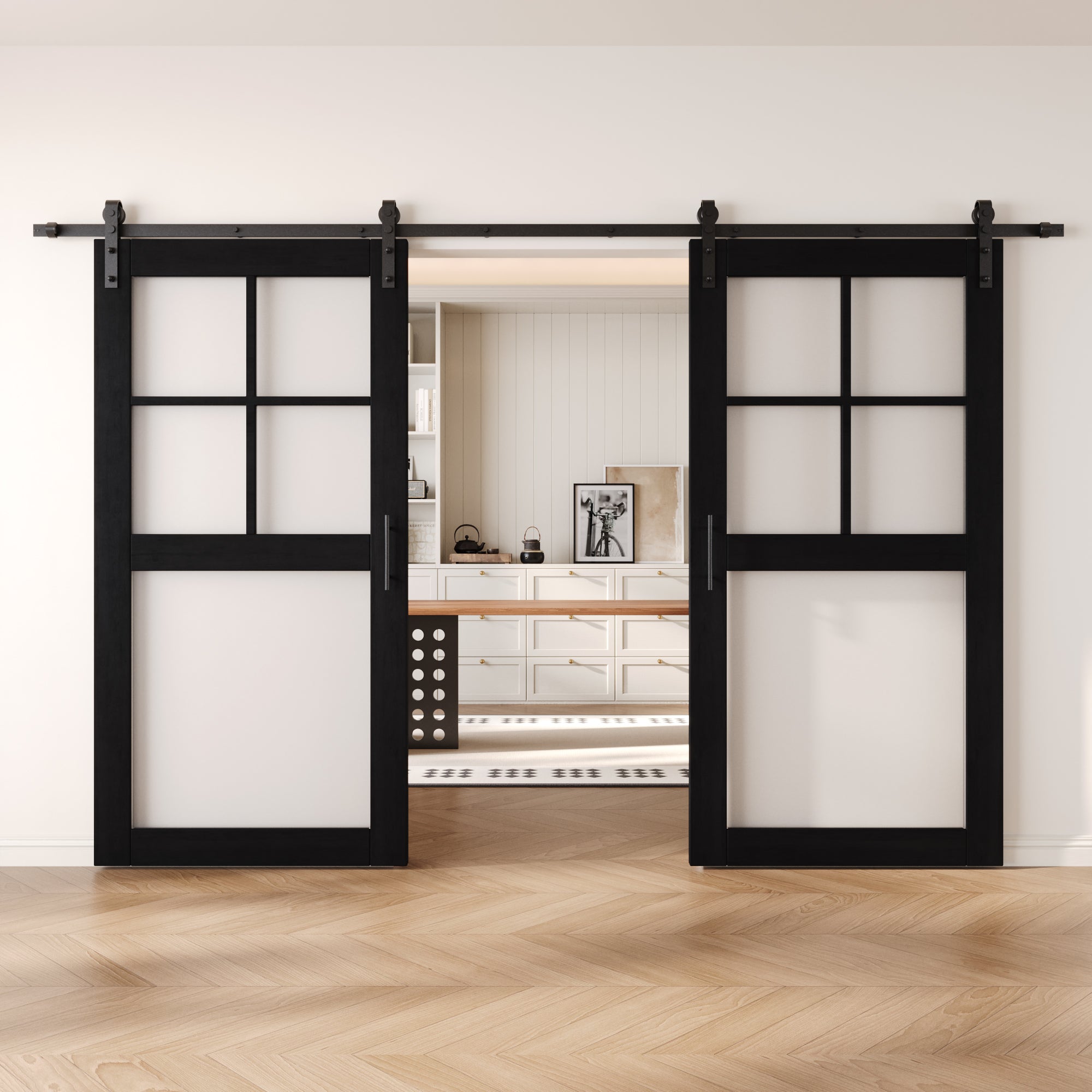 80" Height Black 5-Lite Frosted Glass Double Unassembled & Finished Pine Wood Barn Doors with Non-Bypass Installation Hardware Kit (Interior Use Only)