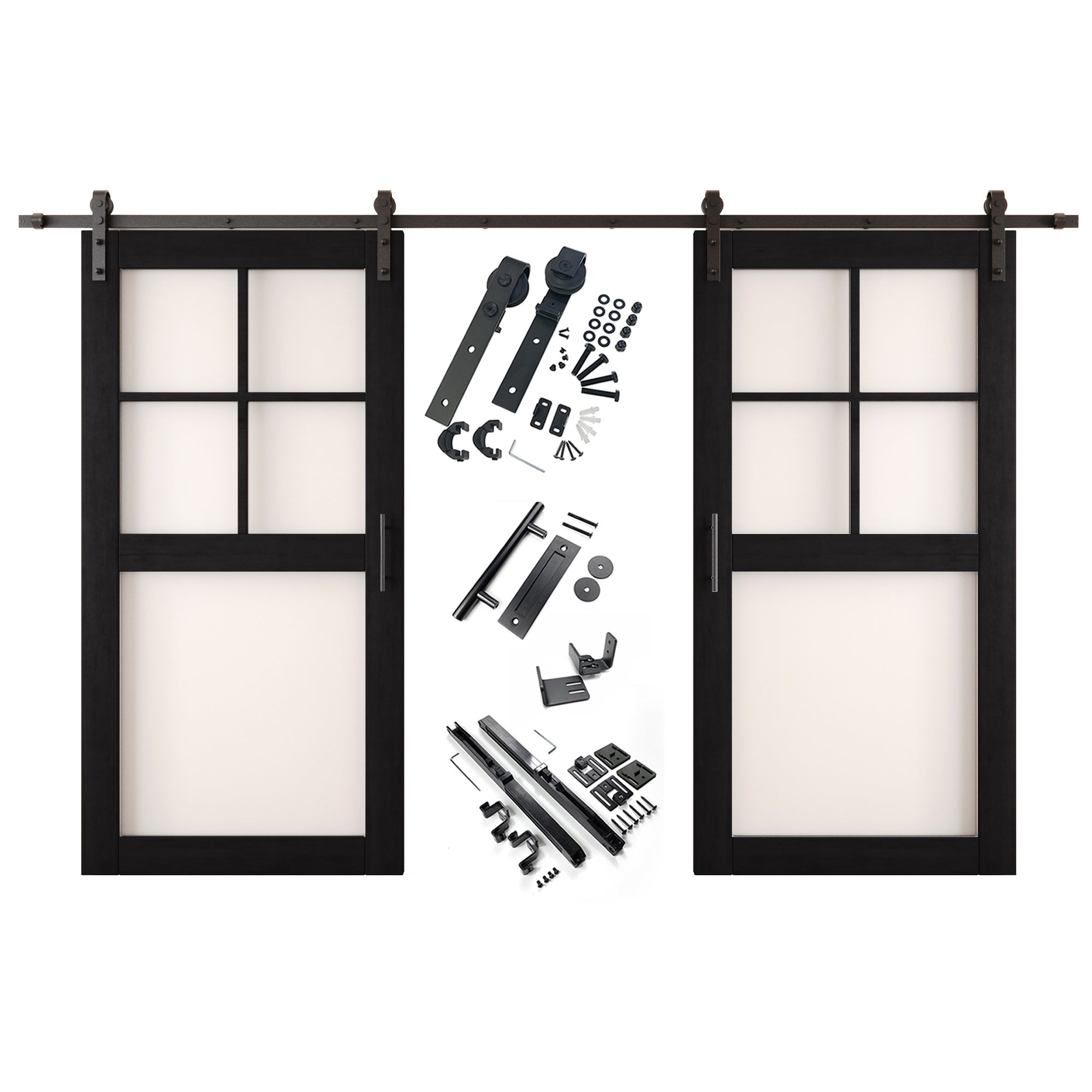 80" Height Black 5-Lite Frosted Glass Double Unassembled & Finished Pine Wood Barn Doors with Non-Bypass Installation Hardware Kit (Interior Use Only)