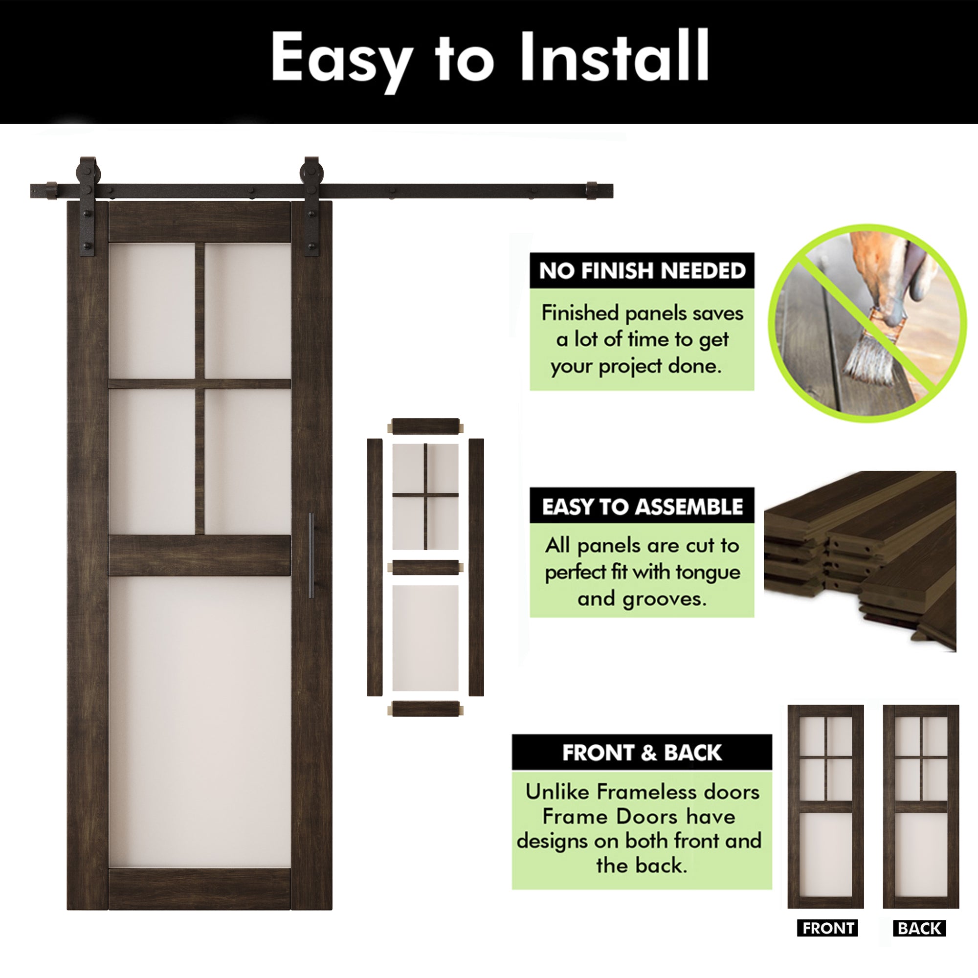 80" Height Ebony 5-Lite Frosted Glass Double Unassembled & Finished Pine Wood Barn Doors with Non-Bypass Installation Hardware Kit (Interior Use Only)