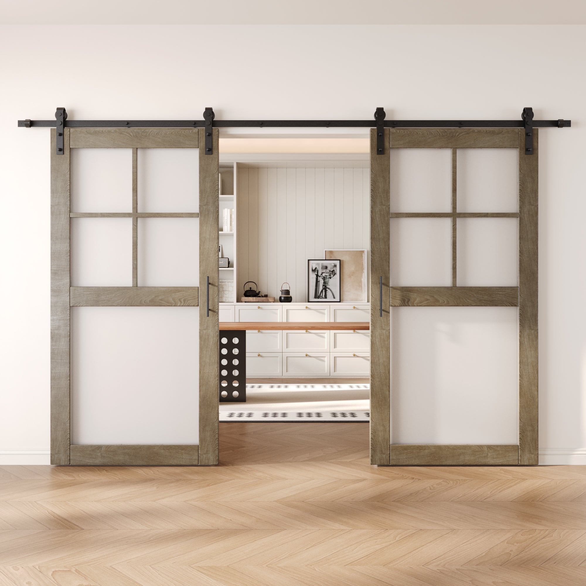 80" Height Classic Gray 5-Lite Frosted Glass Double Unassembled & Finished Pine Wood Barn Doors with Non-Bypass Installation Hardware Kit (Interior Use Only)