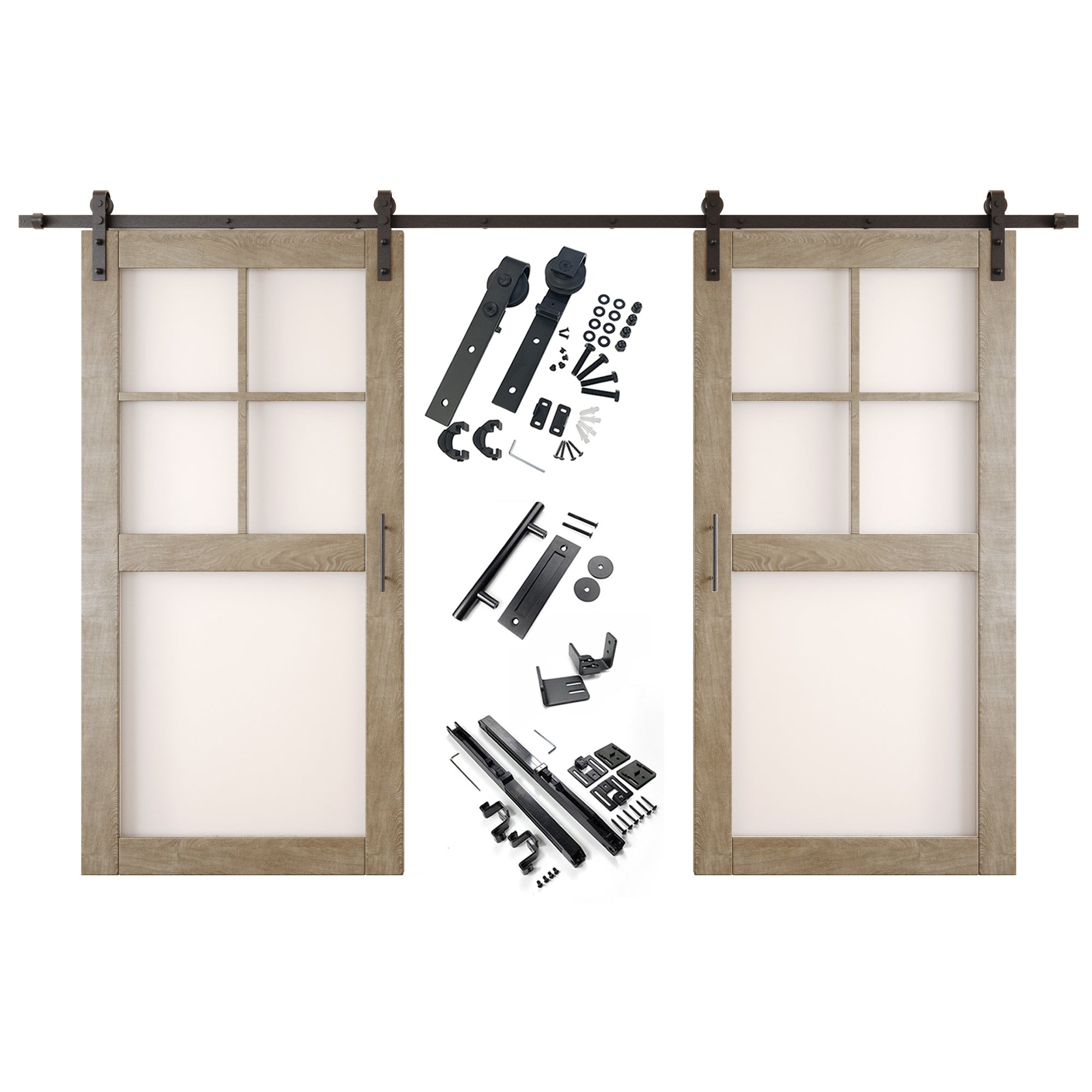 80" Height Classic Gray 5-Lite Frosted Glass Double Unassembled & Finished Pine Wood Barn Doors with Non-Bypass Installation Hardware Kit (Interior Use Only)