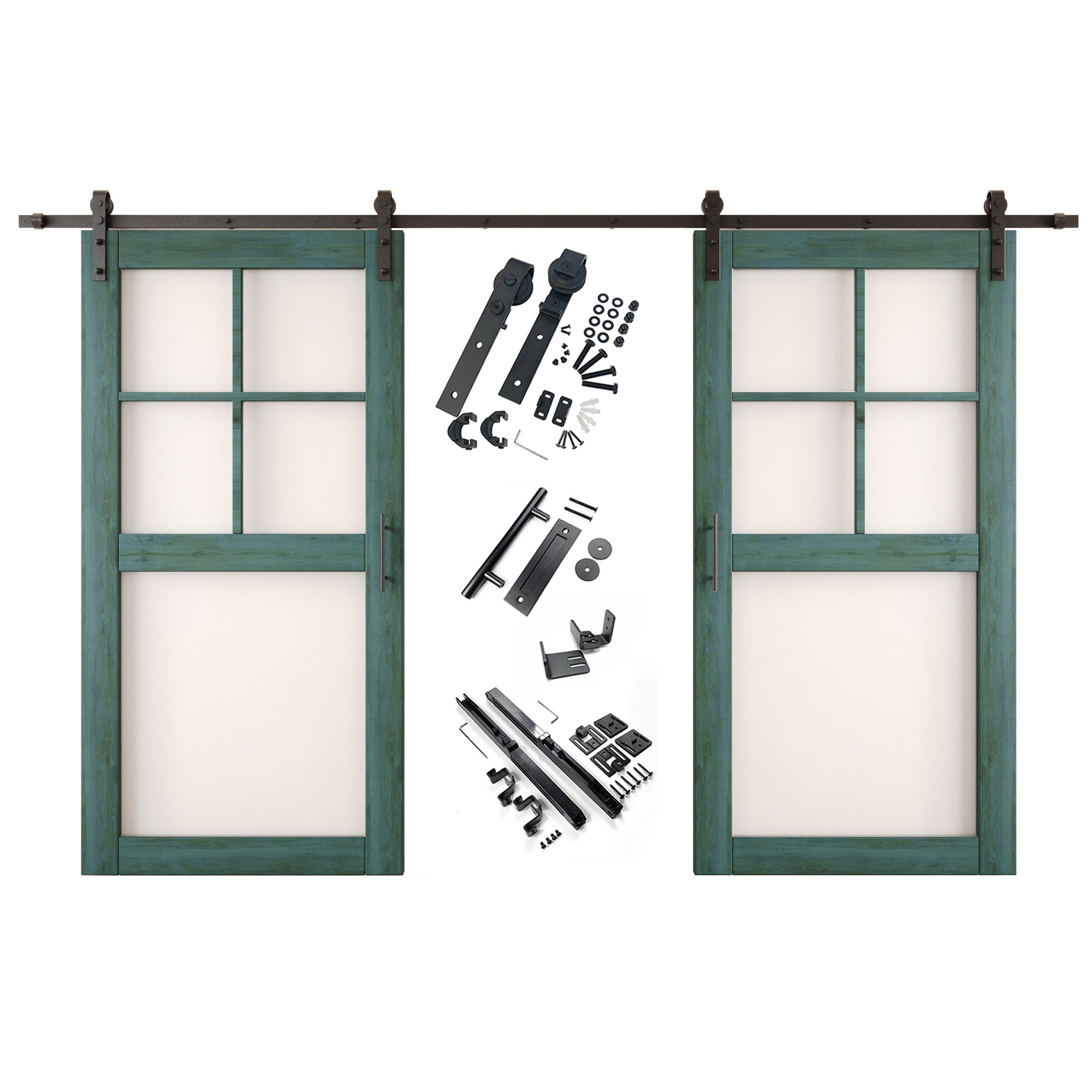 80" Height Royal Pine 5-Lite Frosted Glass Double Unassembled & Finished Pine Wood Barn Doors with Non-Bypass Installation Hardware Kit (Interior Use Only)