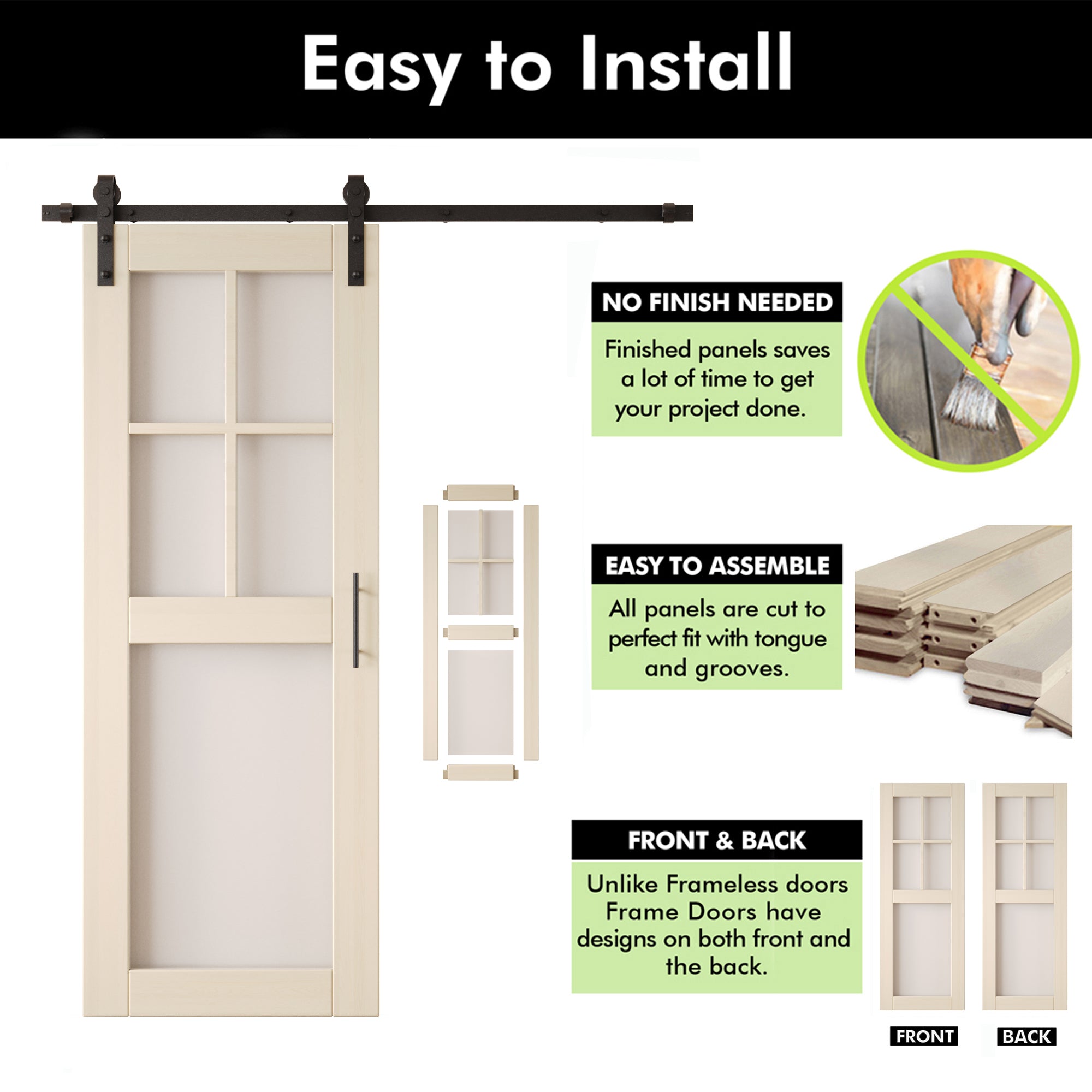 80" Height Tinsmith Gray 5-Lite Frosted Glass Double Unassembled & Finished Pine Wood Barn Doors with Non-Bypass Installation Hardware Kit (Interior Use Only)
