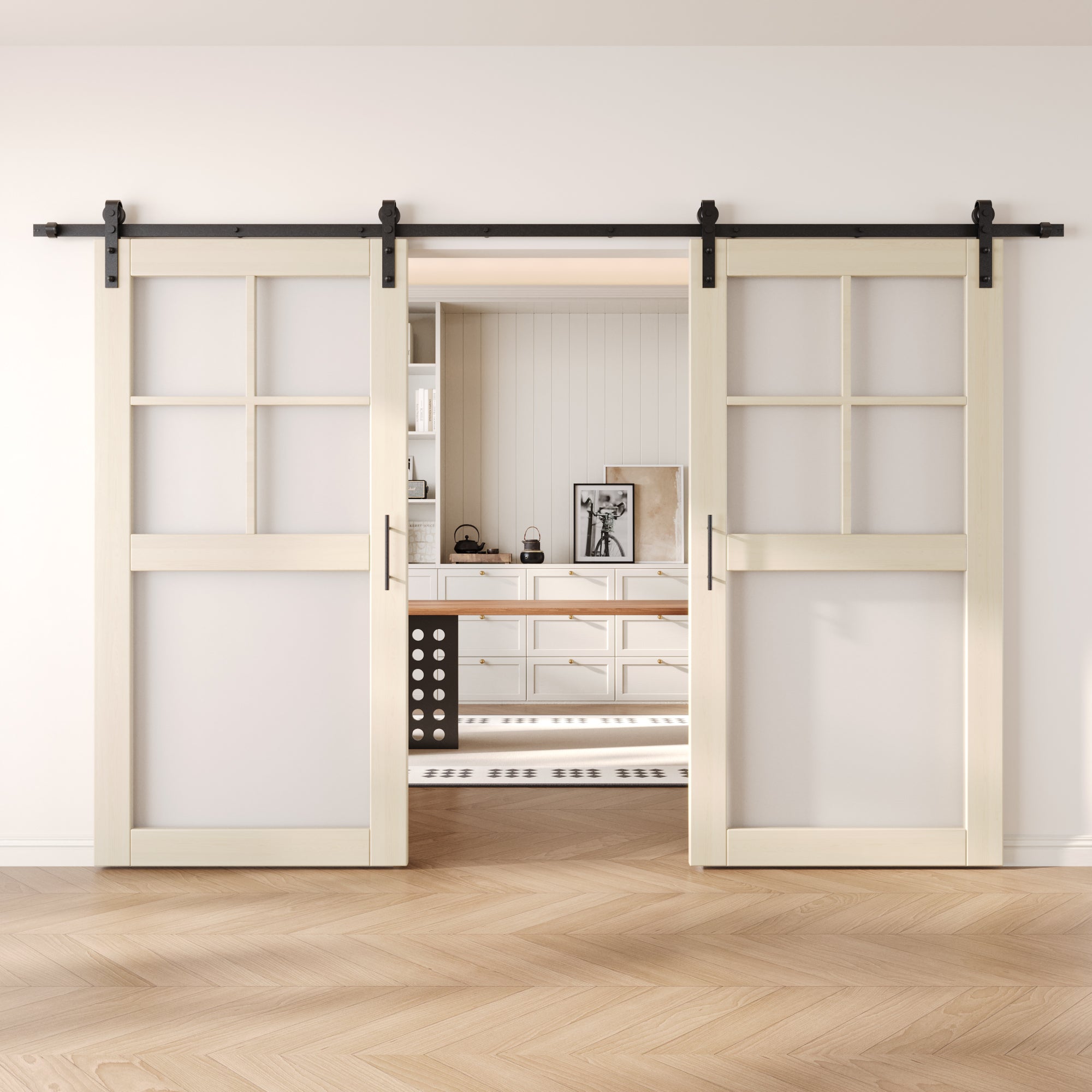 80" Height Tinsmith Gray 5-Lite Frosted Glass Double Unassembled & Finished Pine Wood Barn Doors with Non-Bypass Installation Hardware Kit (Interior Use Only)