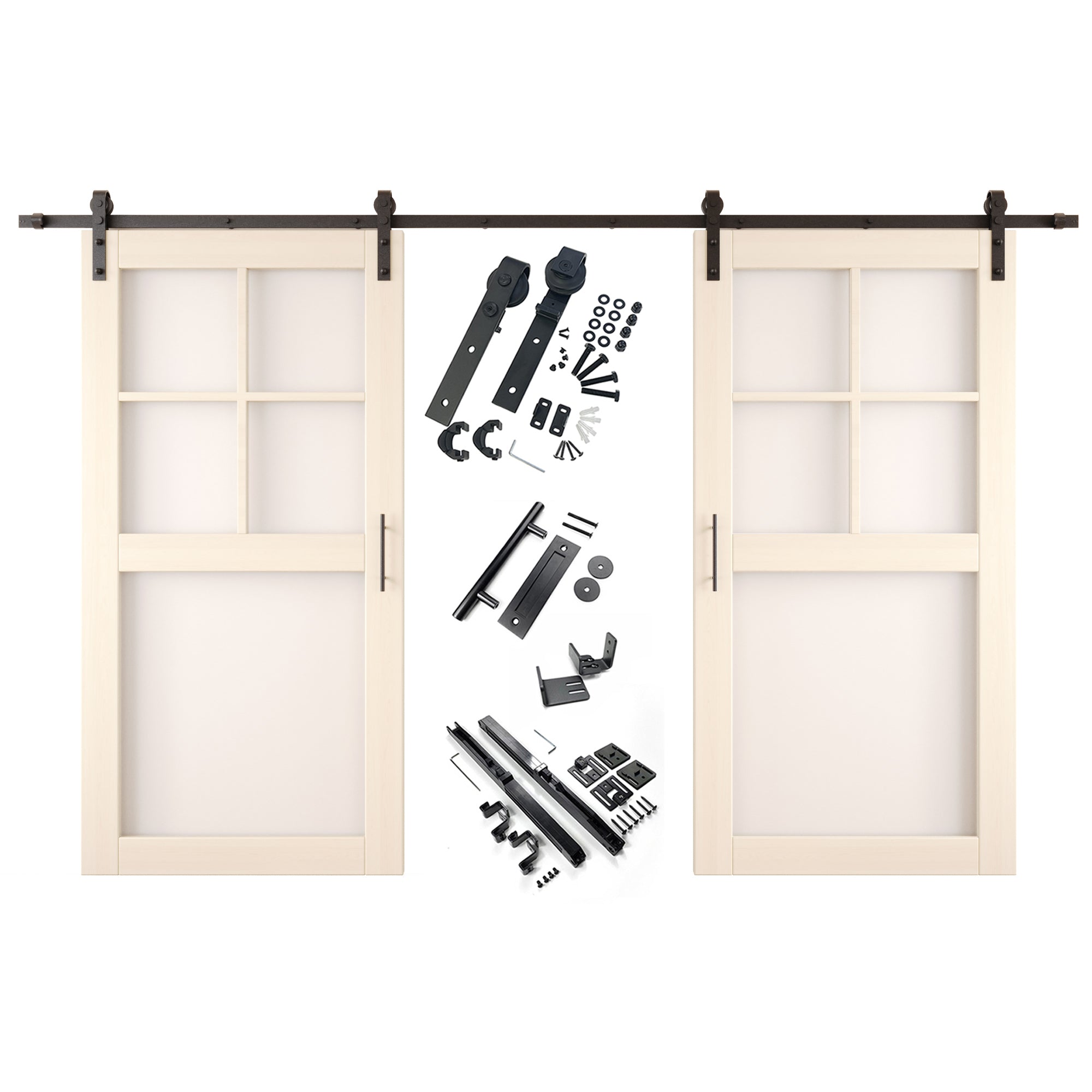 80" Height Tinsmith Gray 5-Lite Frosted Glass Double Unassembled & Finished Pine Wood Barn Doors with Non-Bypass Installation Hardware Kit (Interior Use Only)