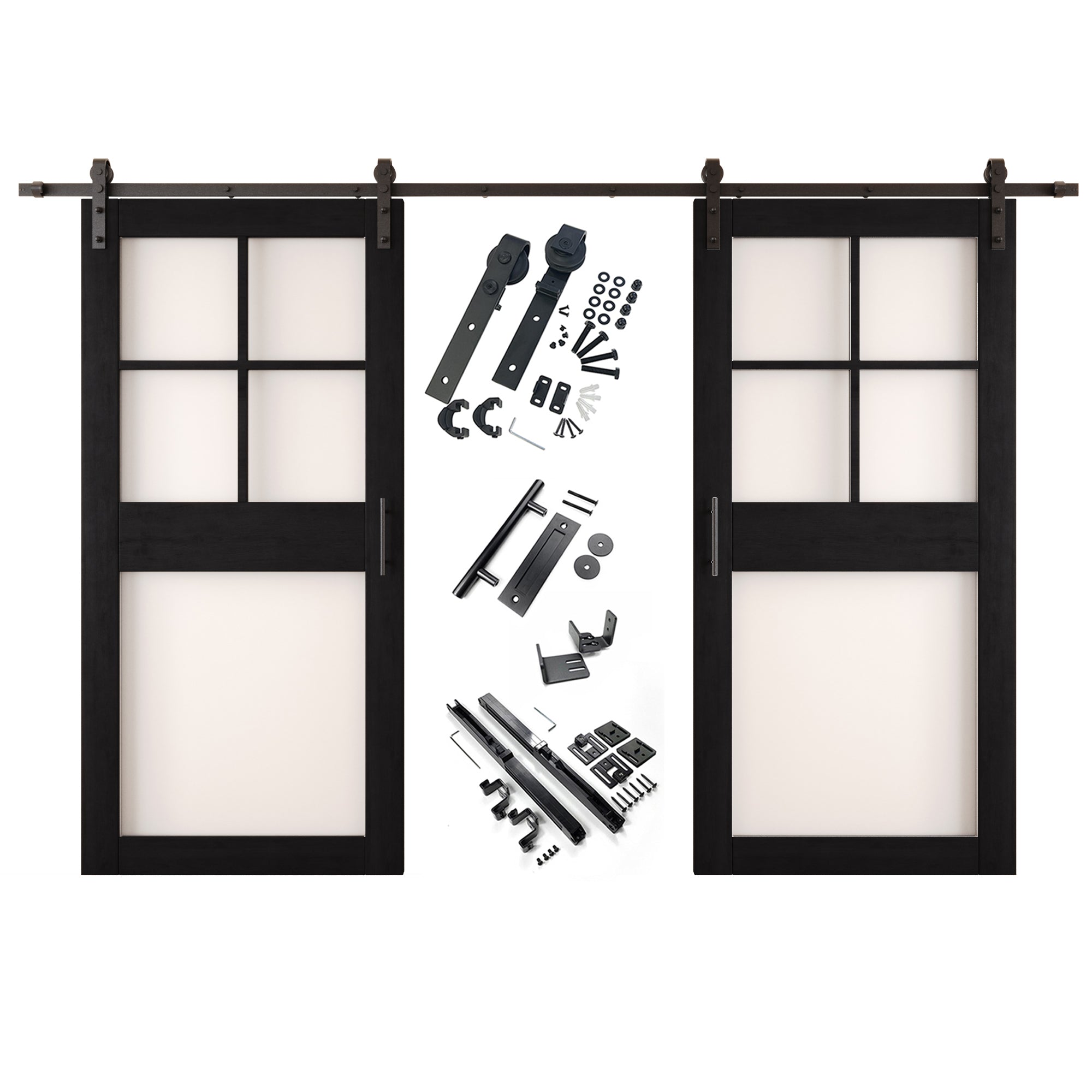 84" Height Black 5-Lite Frosted Glass Double Unassembled & Finished Pine Wood Barn Doors with Non-Bypass Installation Hardware Kit (Interior Use Only)