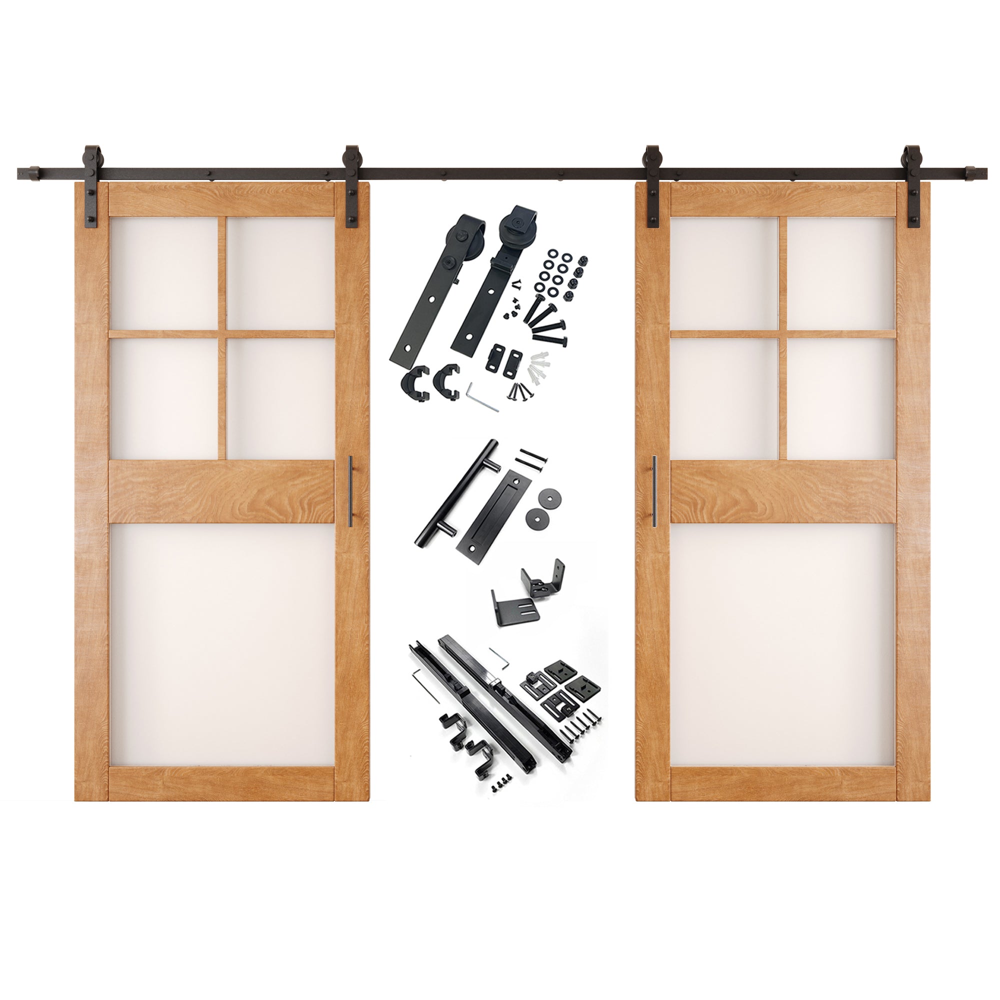 84" Height Early American 5-Lite Frosted Glass Double Unassembled & Finished Pine Wood Barn Doors with Non-Bypass Installation Hardware Kit (Interior Use Only)