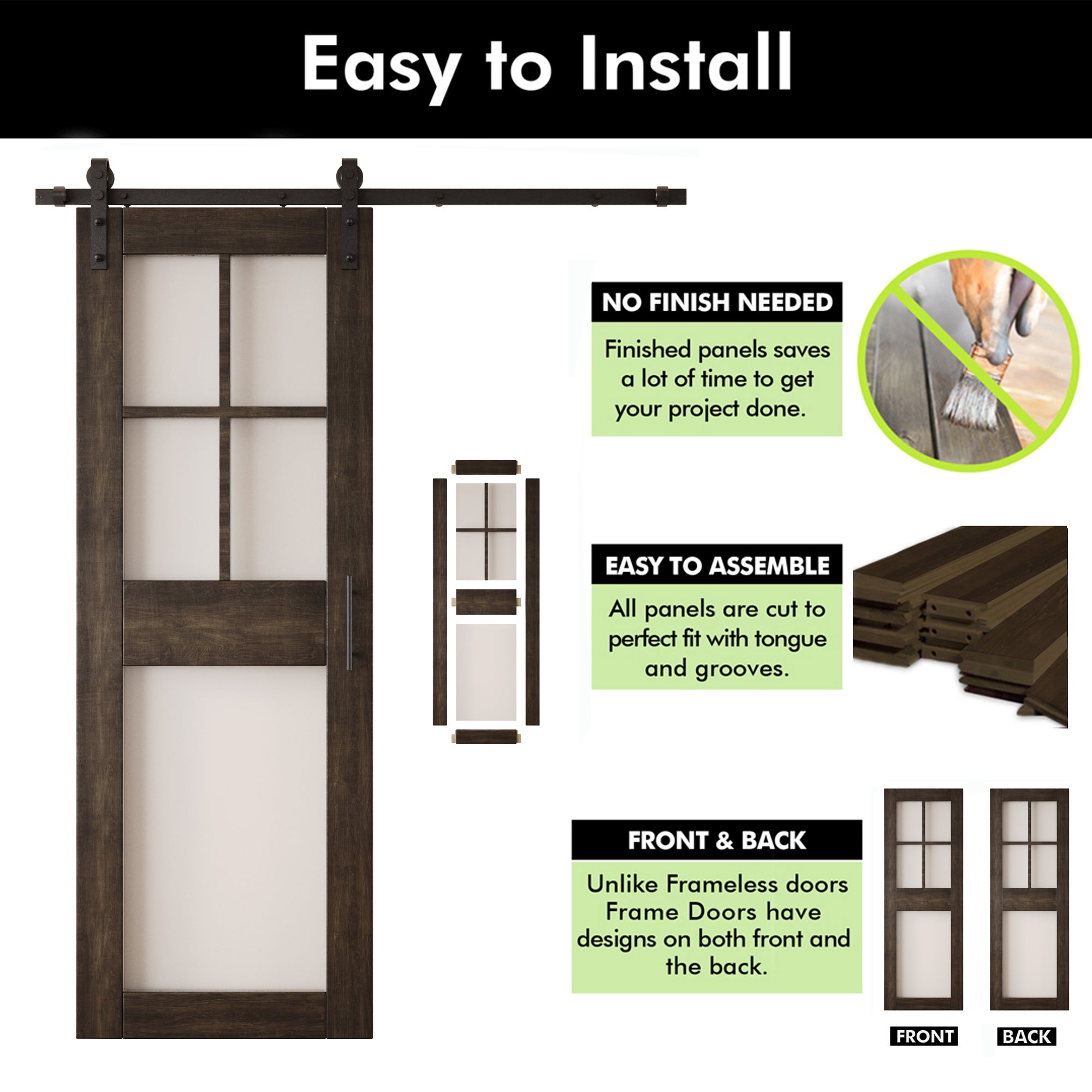 84" Height Ebony 5-Lite Frosted Glass Double Unassembled & Finished Pine Wood Barn Doors with Non-Bypass Installation Hardware Kit (Interior Use Only)